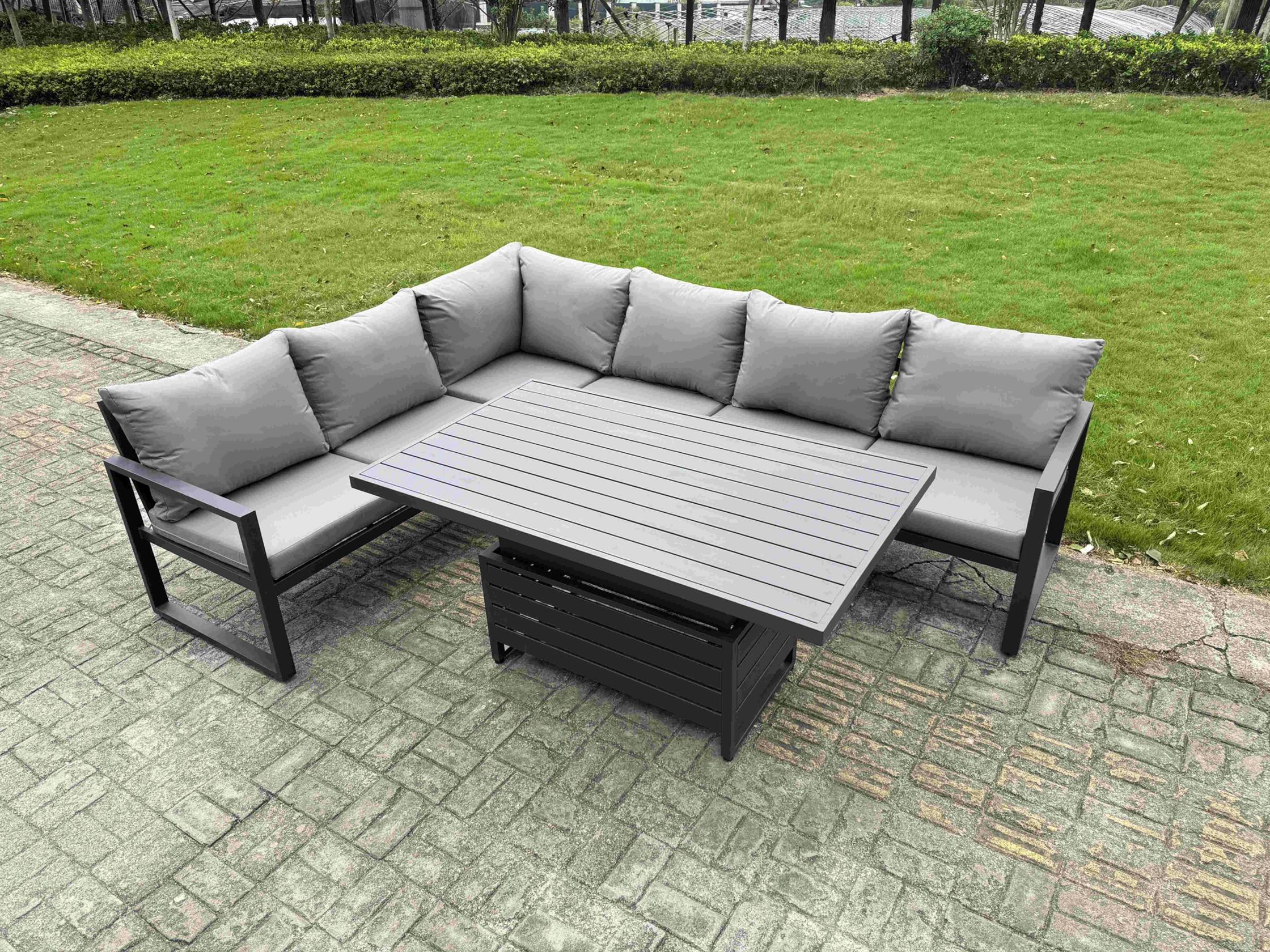 Fimous Dark/Grey 6 Seater Aluminium Garden Furniture Set With Rising Dining Table