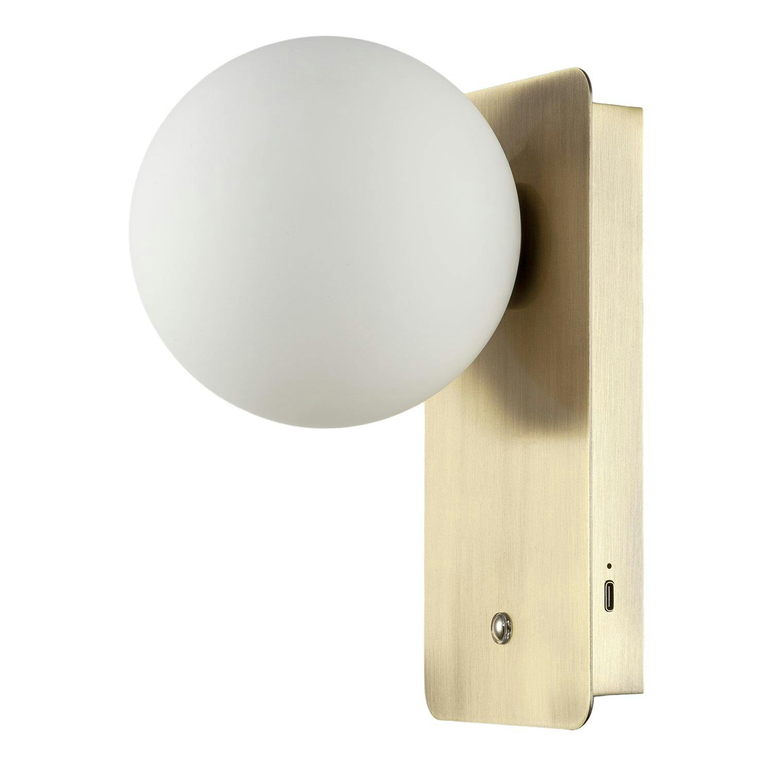 Rackhams Light Antique Brass Rechargeable Wall With Opal Globe Glass Shade