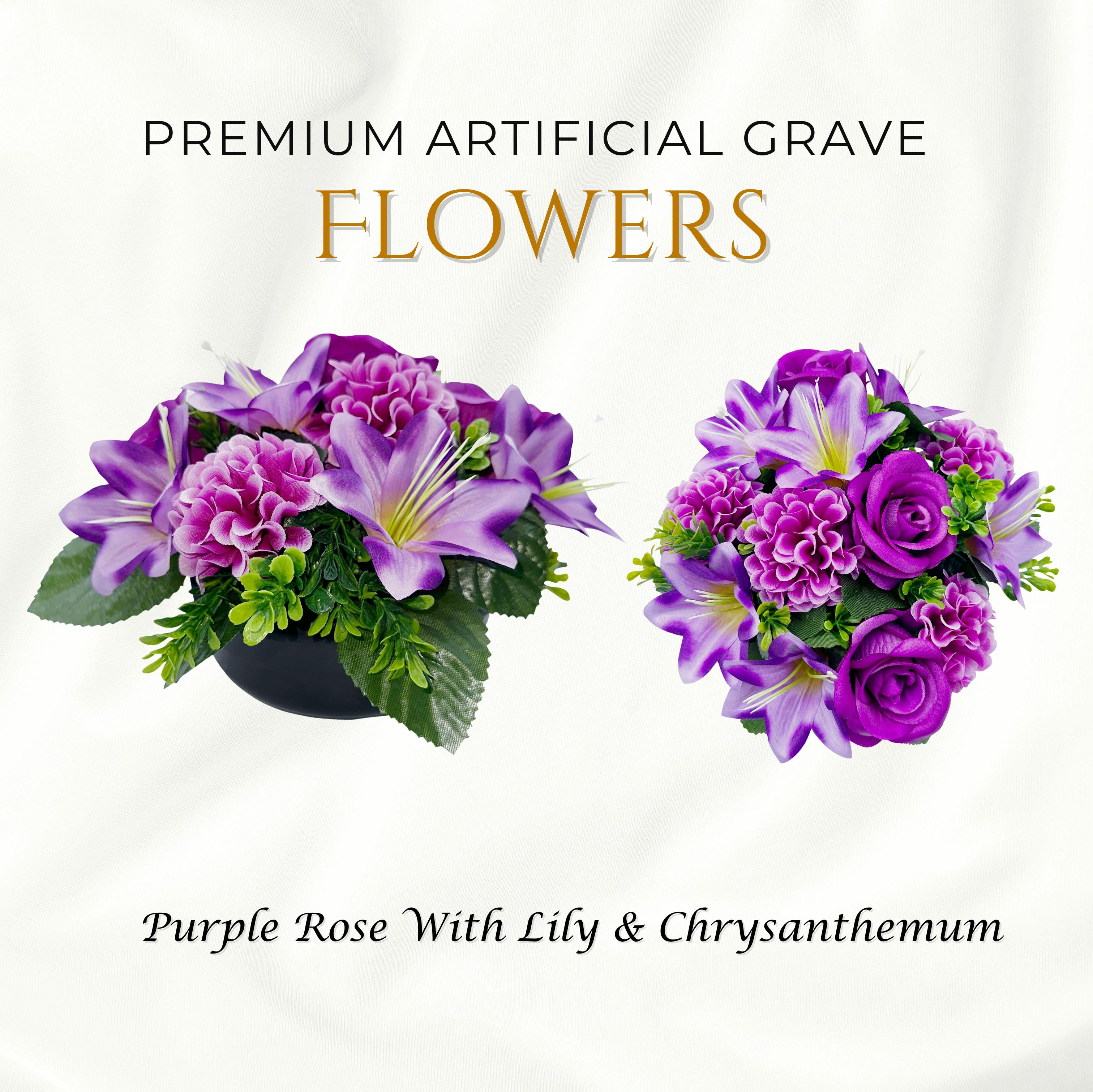 Rackhams Purple Premium Artificial Grave Flowers – 24Cm Rose With Lily & Chrysanthemum | Weighted Pot