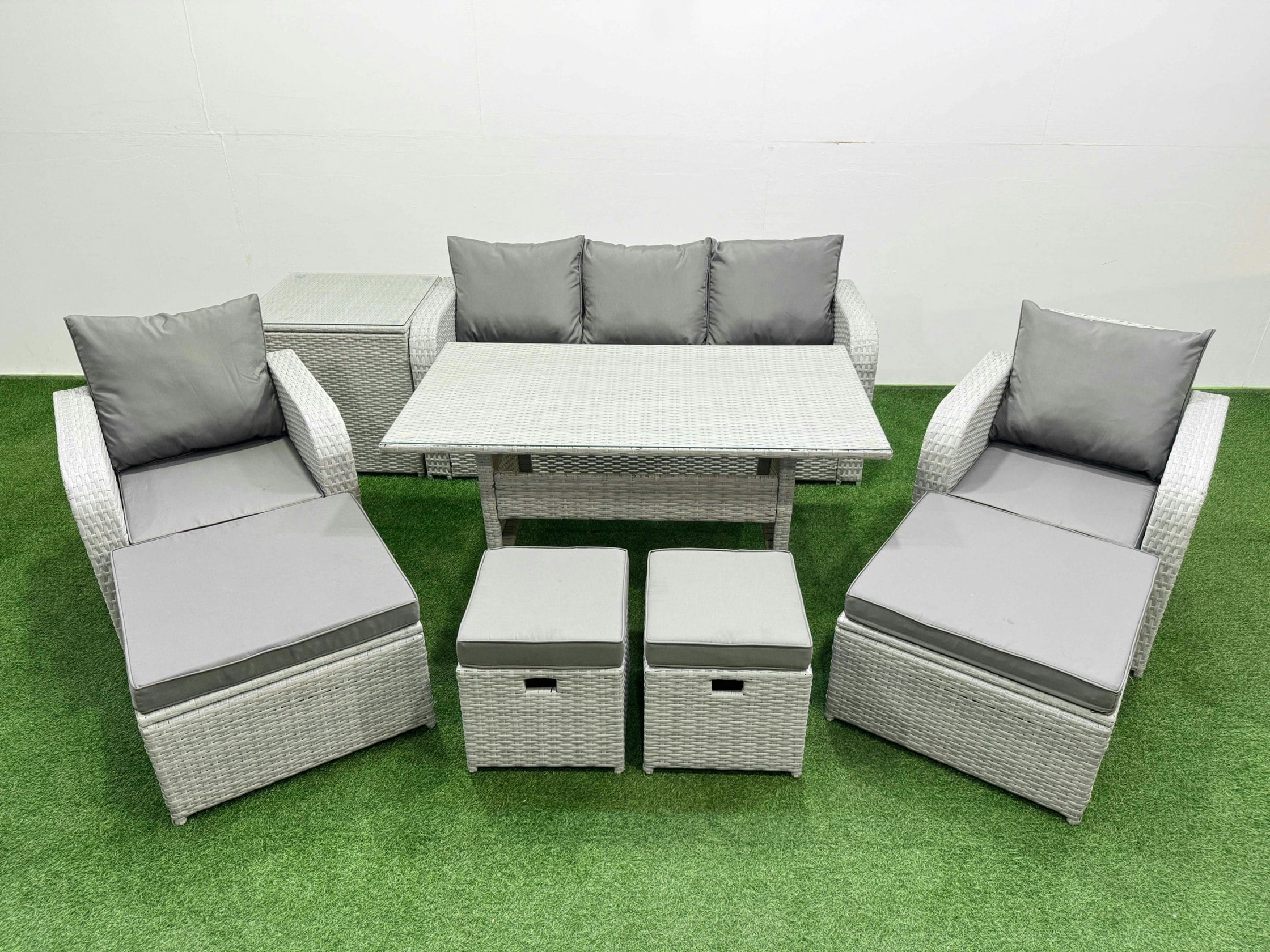 Fimous Light/Grey Pe Rattan Lounge Sofa Set 9 Seater Outdoor Garden Furniture Set With Dining Table 3 Seater Sofa 2 Big Footstools Side Table
