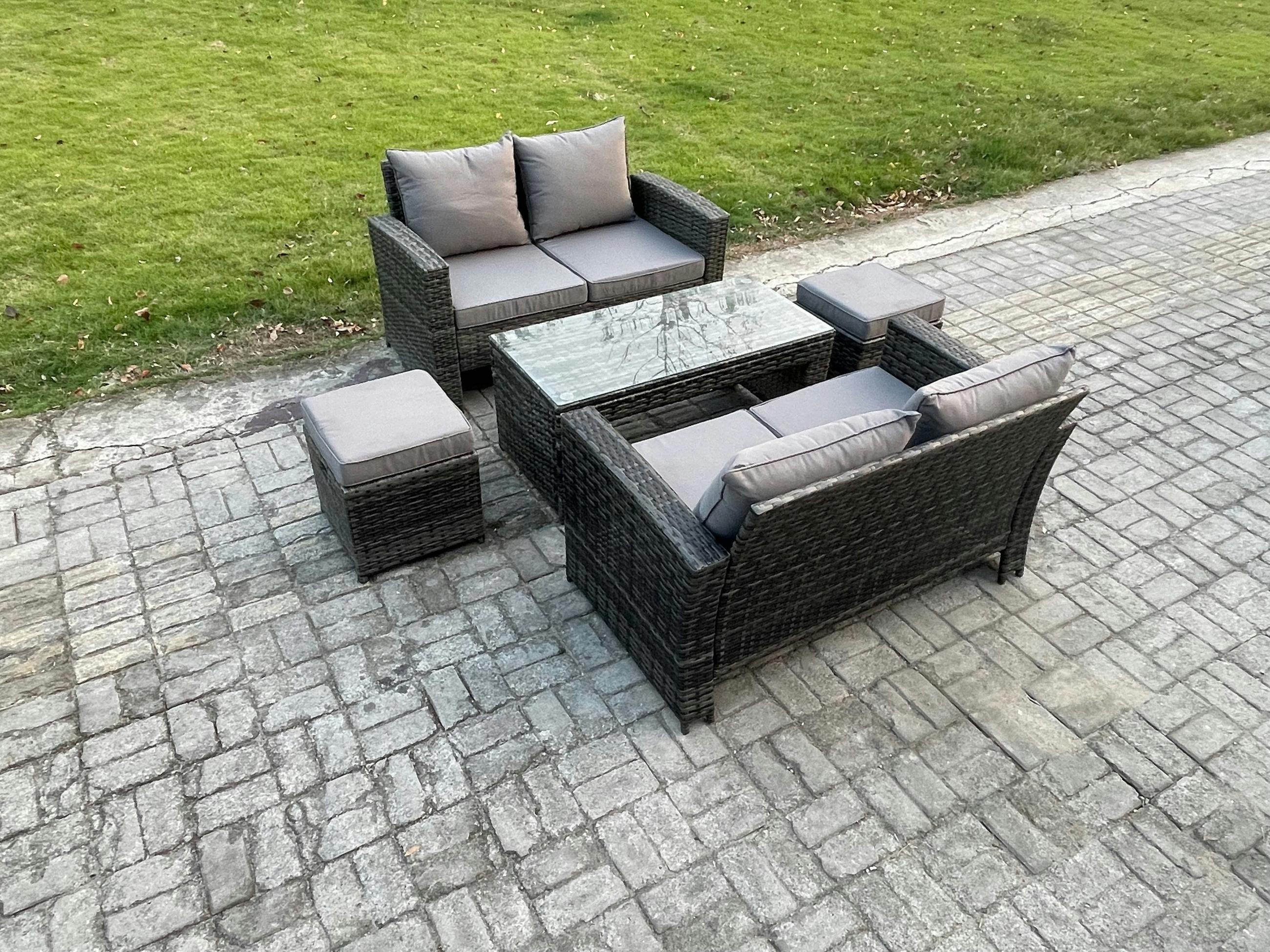 Rackhams Dark/Grey 5 Pieces Garden Set, Poly Rattan Outdoor Patio Furniture, Pe Wicker, 2 Small Footstools, Loveseat And Table, Mixed
