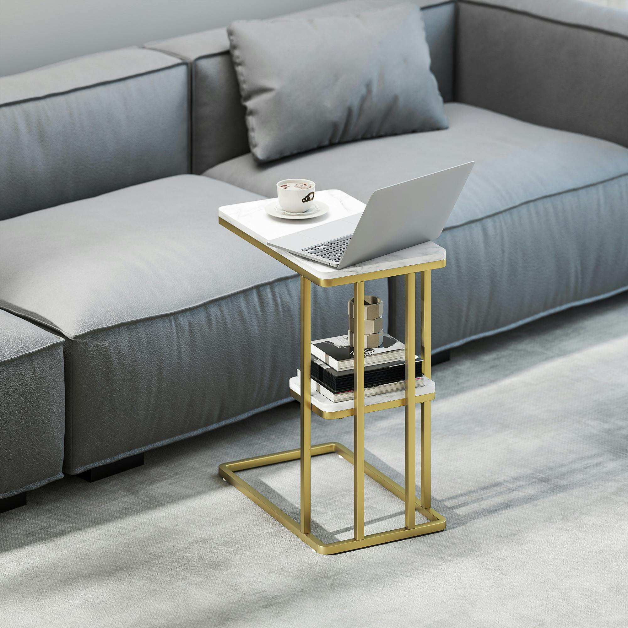 Homcom White/Grain C-Shaped Narrow Side Table, End Table With Shelf, Marble