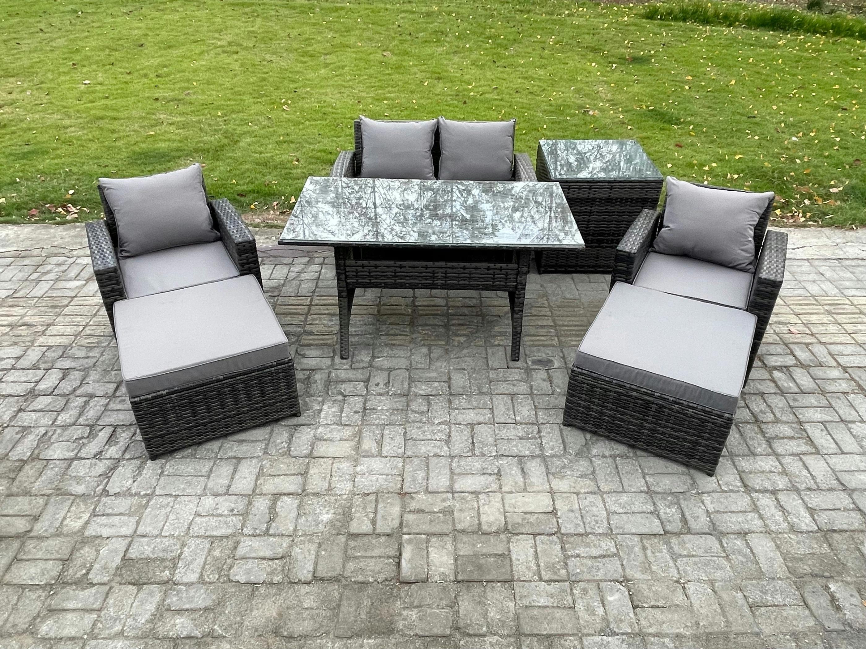 Fimous Dark/Grey 6 Seater Outdoor Lounge Sofa Garden Set, Rattan Dining Table, Double Seat Sofa, Armchair, 2 Big Footstools And Side Table, Mixed