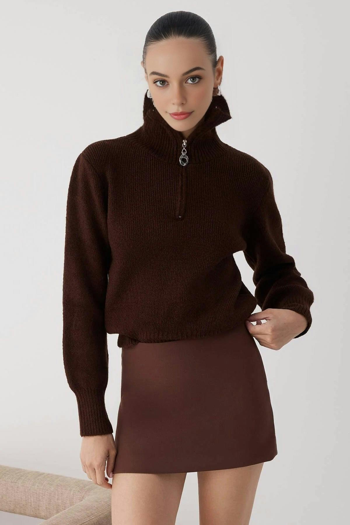 Wovcor Brown Knit Sweater With Zipper Detail - S