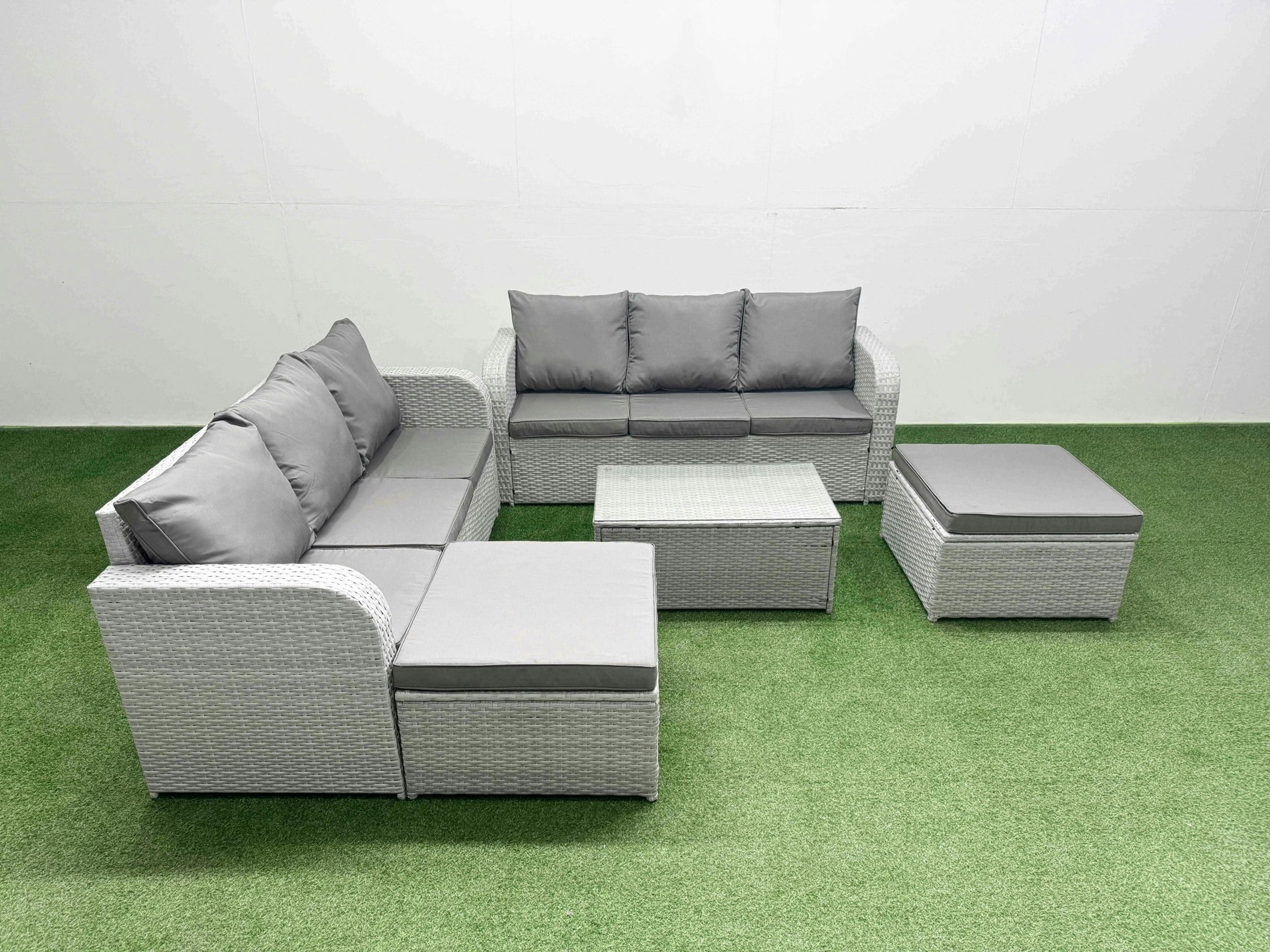Rackhams Light/Grey 8 Seater Rattan Outdoor Sofa Set - Wicker With Rectangular Coffee Table, High Back Lounge Sofa & 2 Footstools