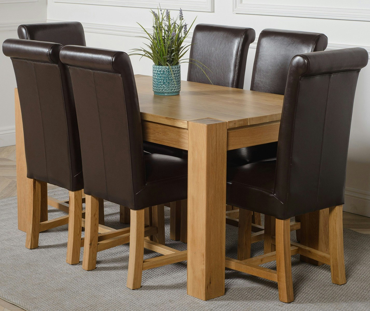 That's Furniture Brown Kuba Medium Oak Dining Table With Washington Leather Chairs - 6 Chairs