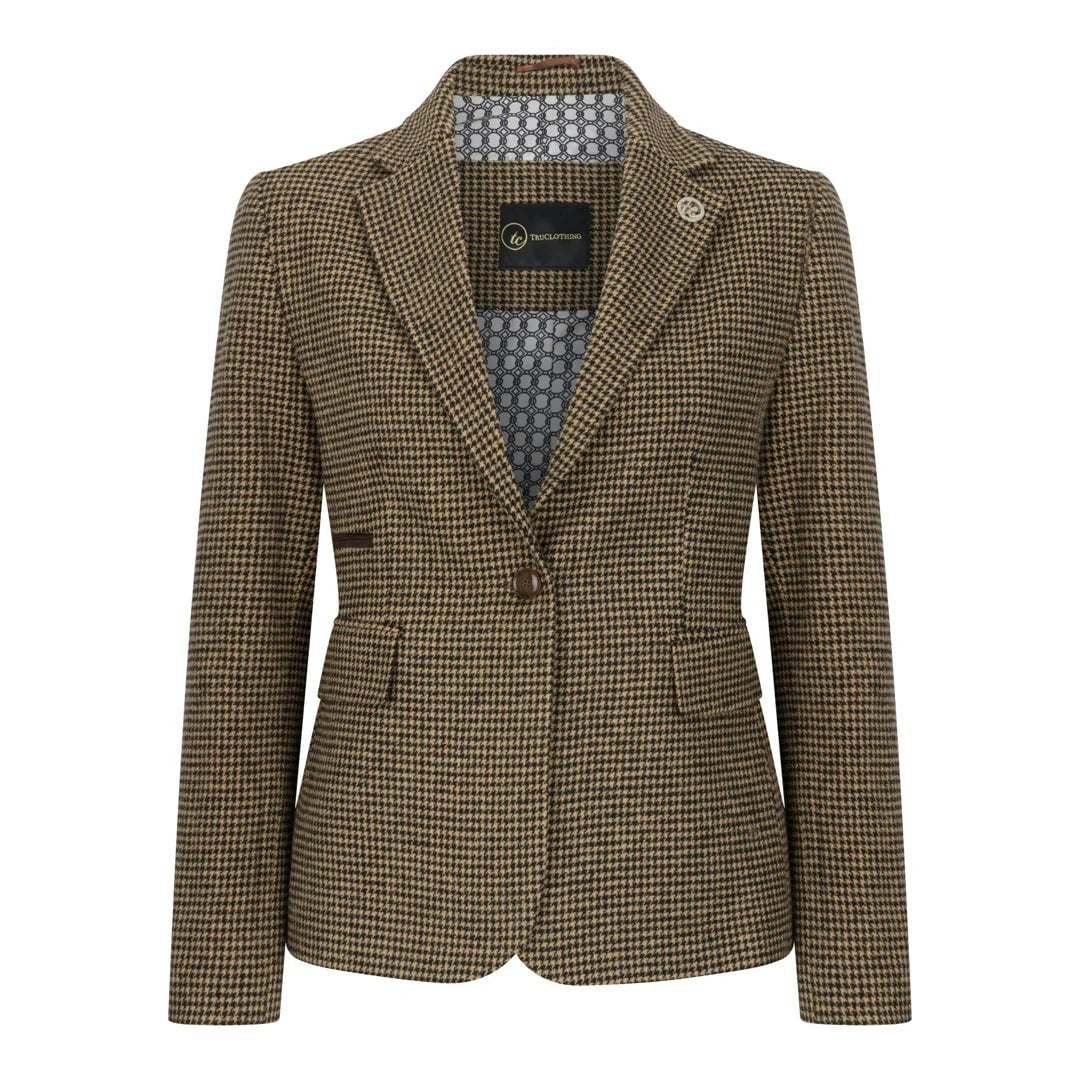 Truclothing Women's Brown Tpw-20 - Wool Blend Dogtooth Tweed Blazer - Uk 18