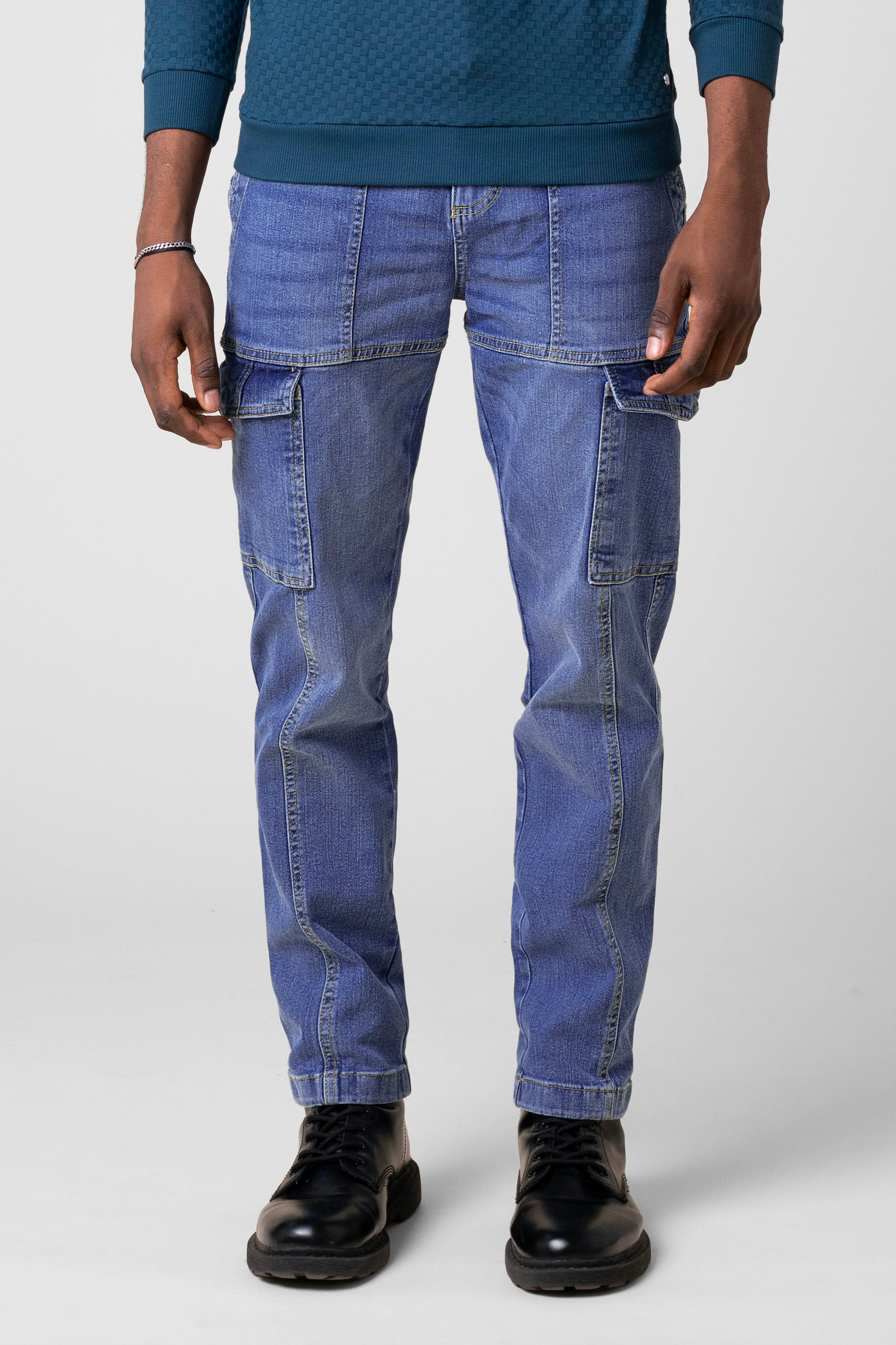 Enorsia Men's Blue Regular Fit Utility Jeans - 32 - 99% Cotton 1% Spandex