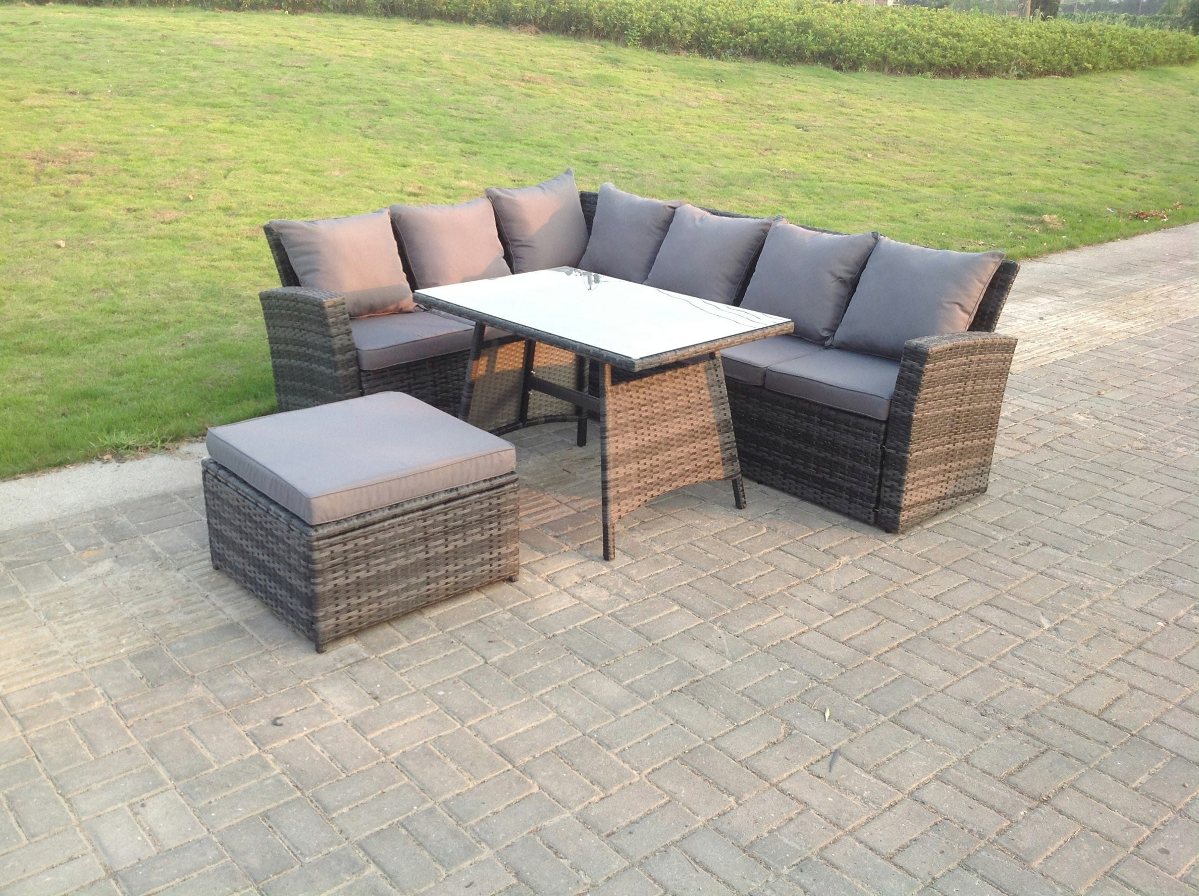 Fimous 7 Seater High Back Rattan Garden Furniture Set Corner Sofa With Oblong Dining Table Footstool