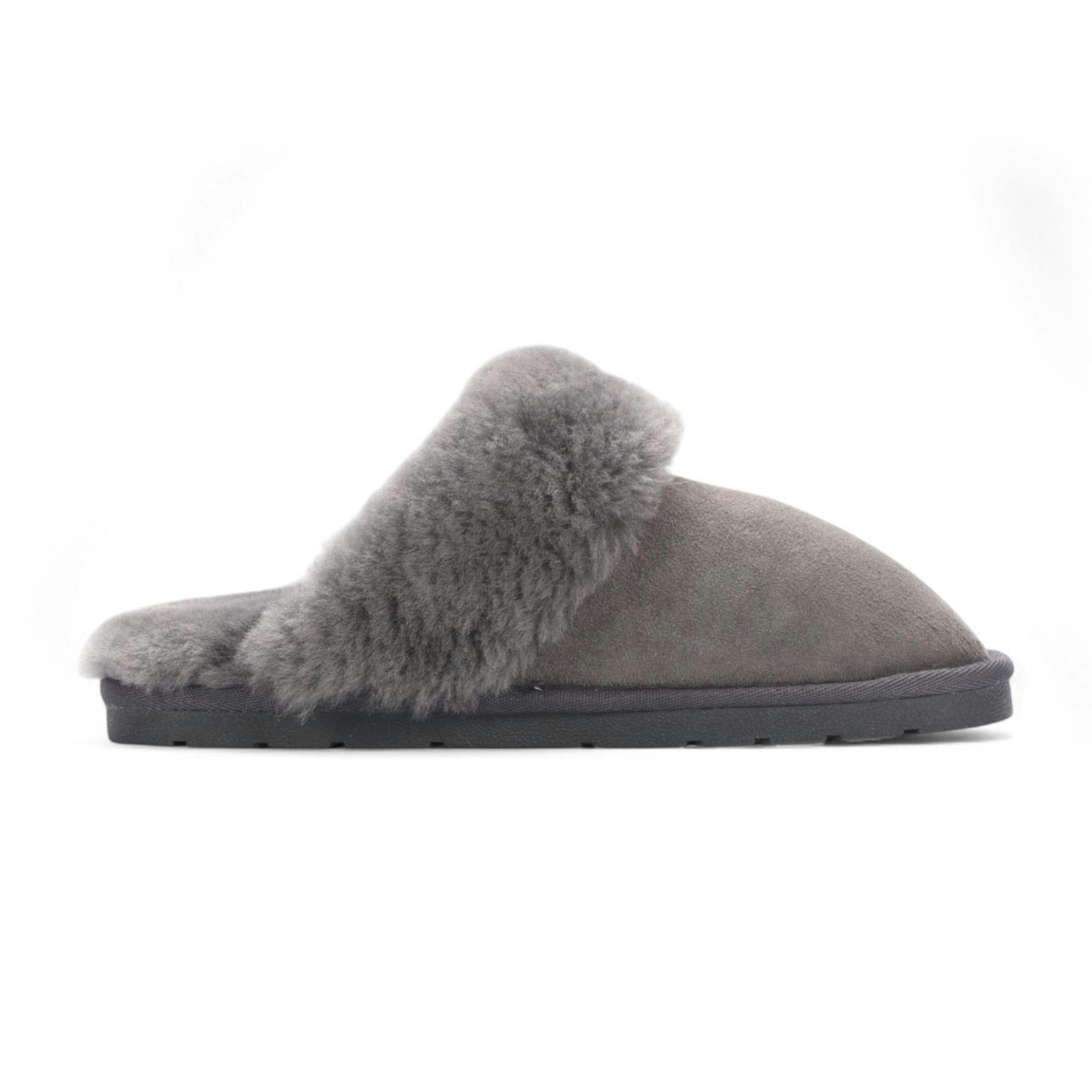 Infinity Leather Women's Grey Genuine Sheepskin Suede Mule Winter Slippers - Luna - Uk 4 | Eu 37 | Us 6