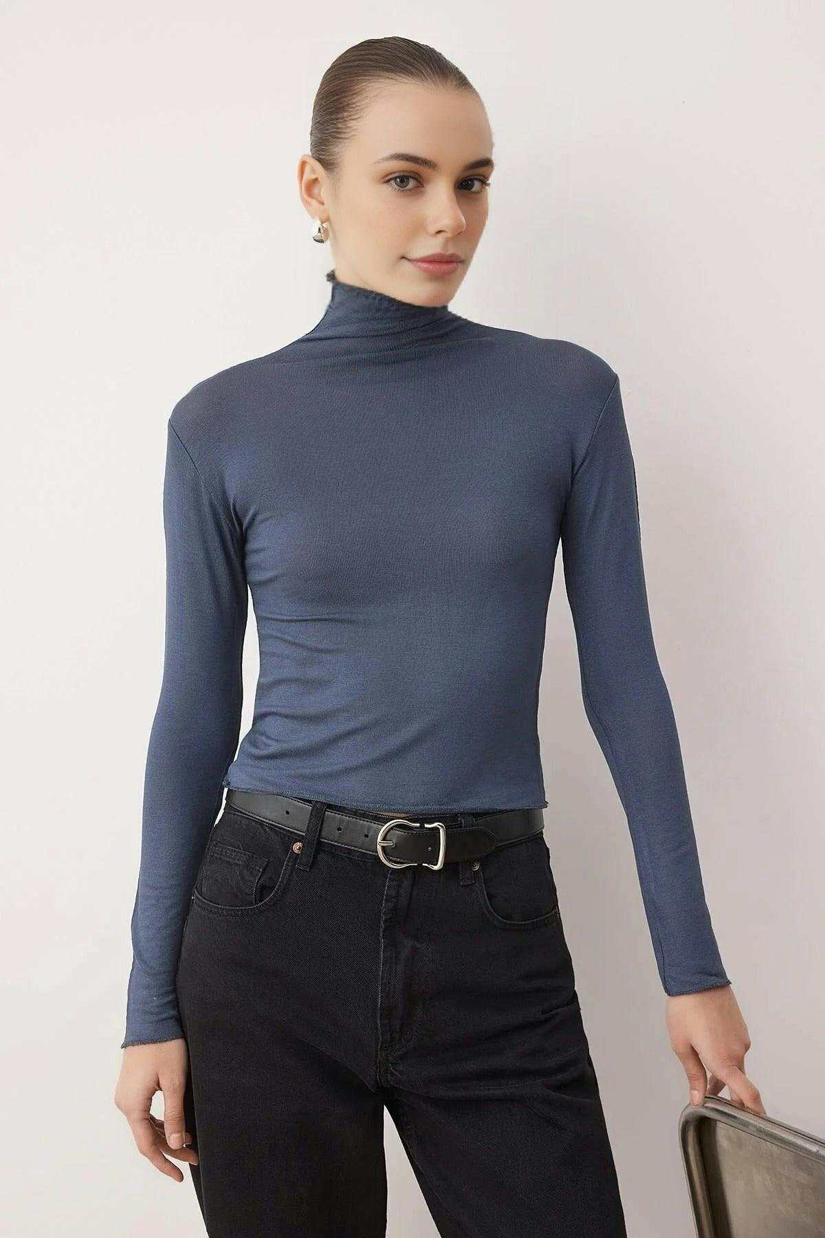 Wovcor Dark/Grey Transparent Stand Collar Flexible Regular Knit Blouse - Xs