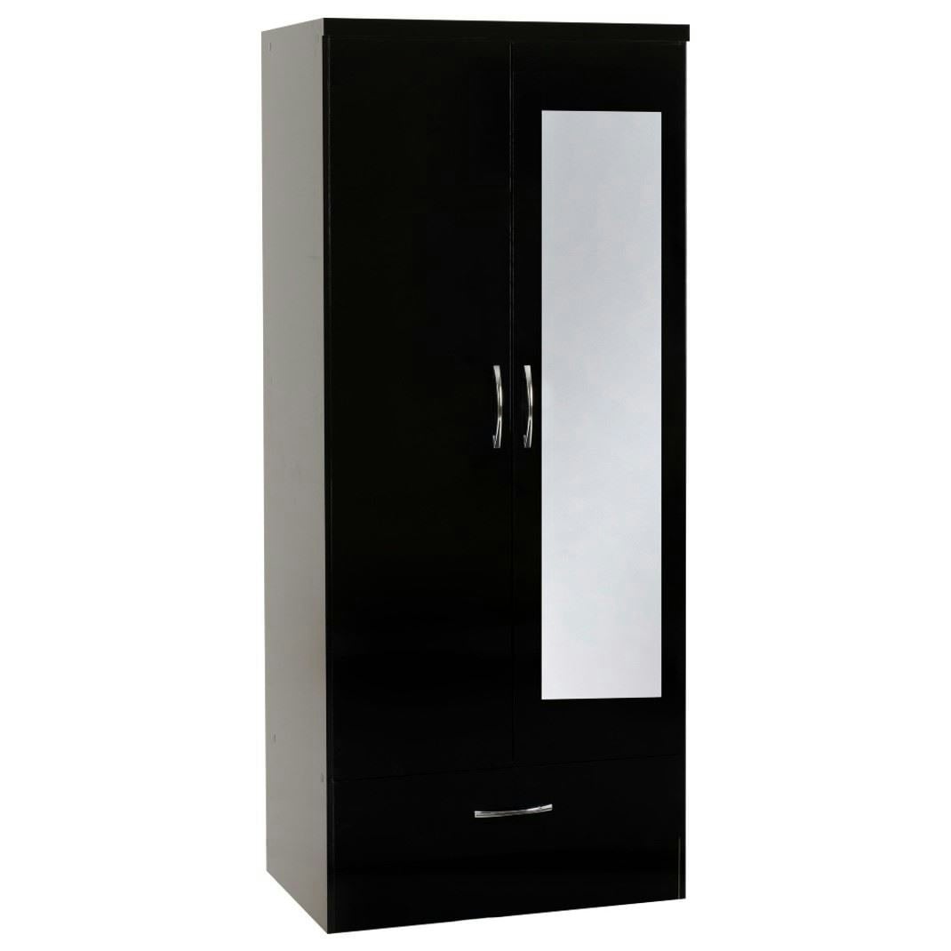 Rackhams Black Nevada 2 Door 1 Drawer Mirrored Wardrobe - Gloss