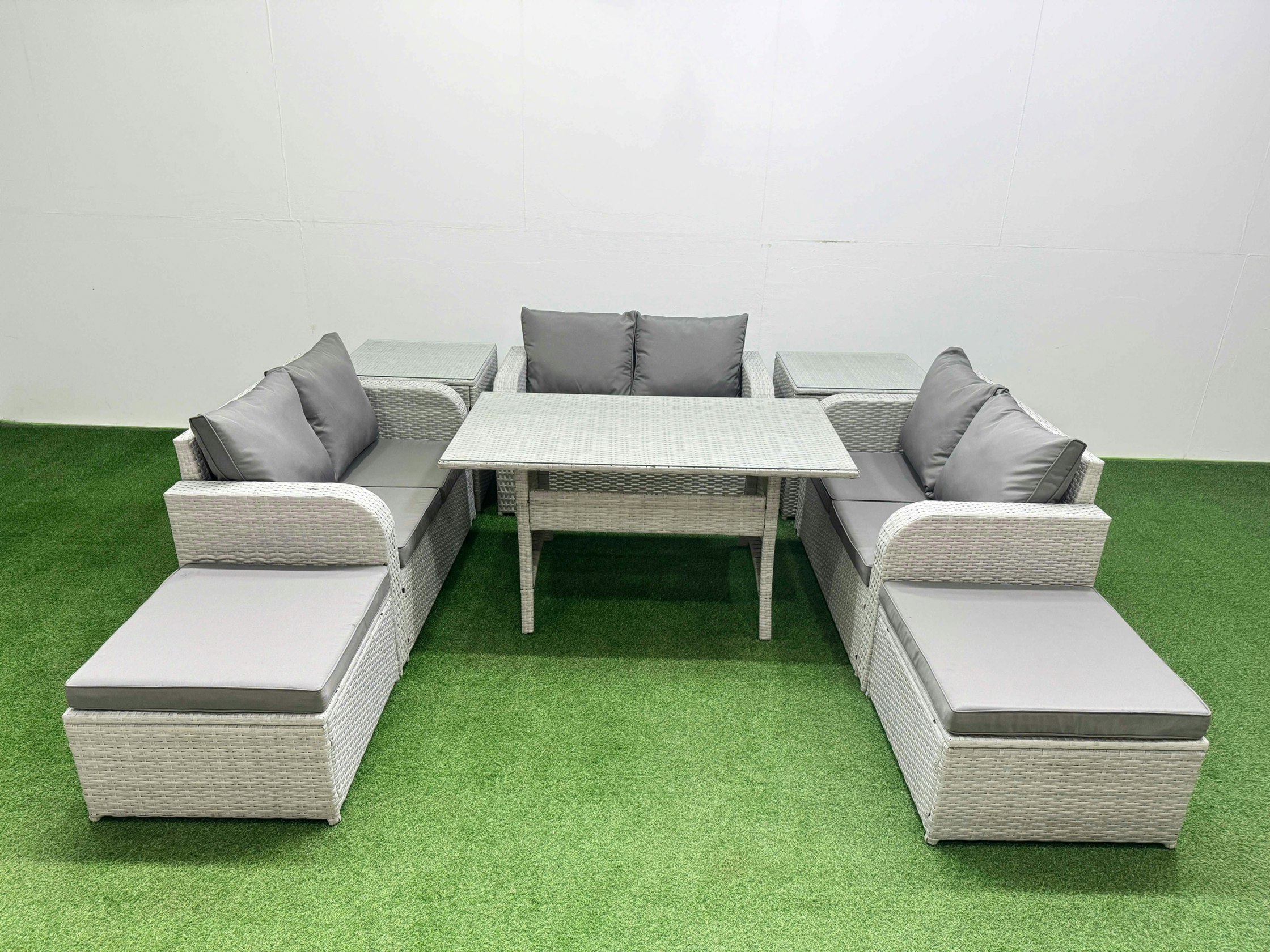Rackhams Light/Grey 8 Seater Pe Wicker Rattan Furniture Sofa Sets With Rectangular Dining Table 2 Seater Love Sofa 2 Big Footstool 2 Side Table