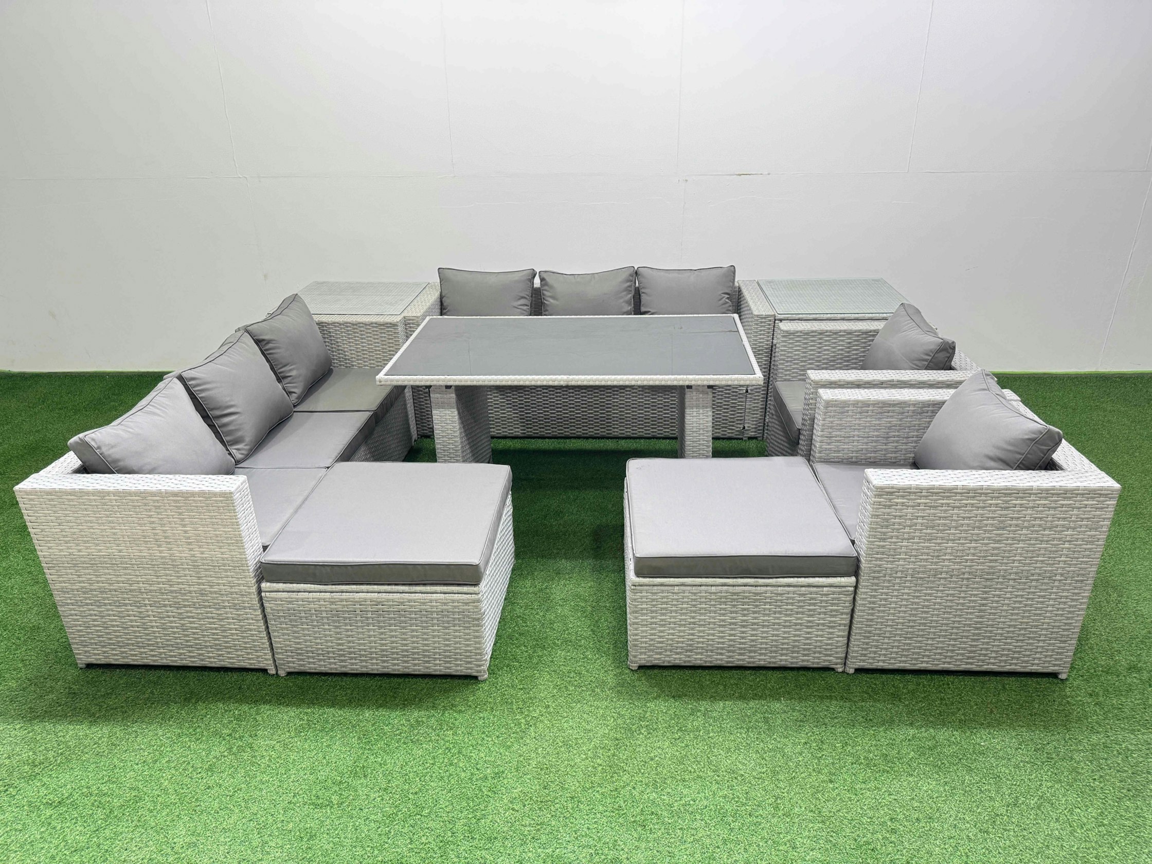 Fimous Light/Grey 10 Seater Wicker Pe Rattan Furniture Outdoor Dining Table 3 Seater Sofa Armchair Set With 2 Side Tables 2 Big Stools
