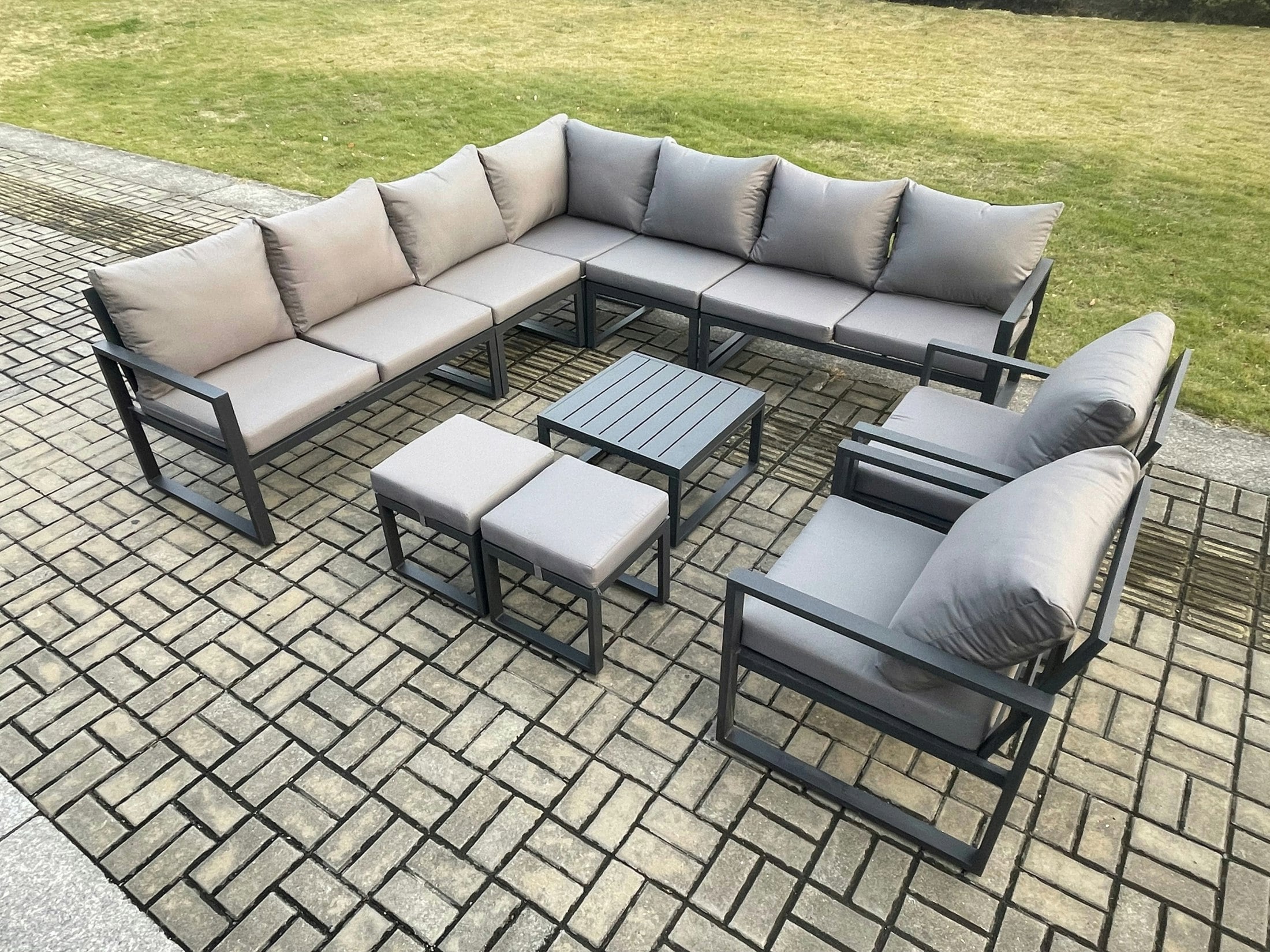 Rackhams Dark/Grey Aluminium Outdoor Garden Furniture Set Lounge Corner Sofa 2 Pcs Chair Square Coffee Table Sets With 2 Small Footstools