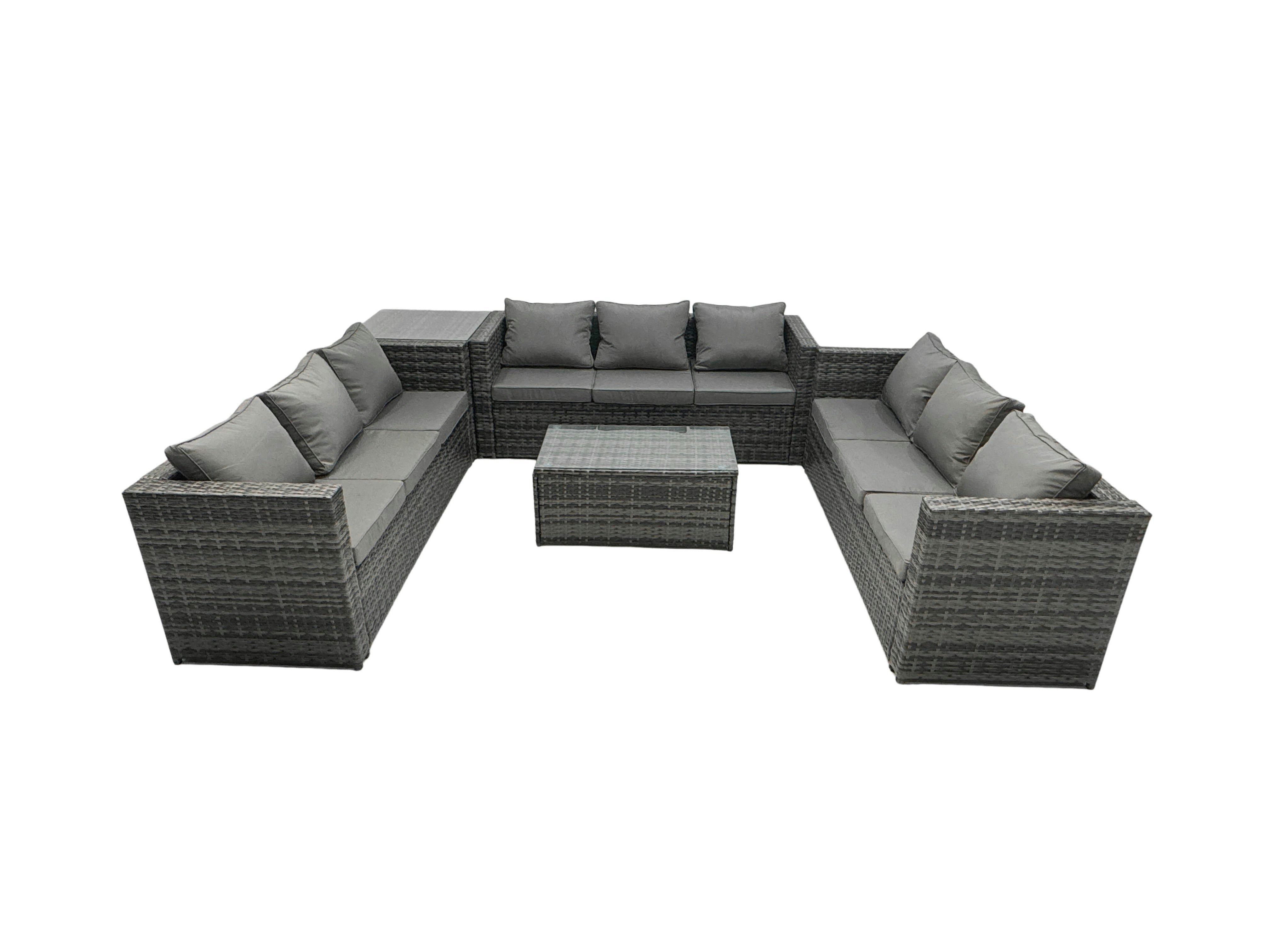 Rackhams Outdoor Rattan Garden Furniture Lounge Sofa Set With Oblong Coffee Table And Side Tall High Table