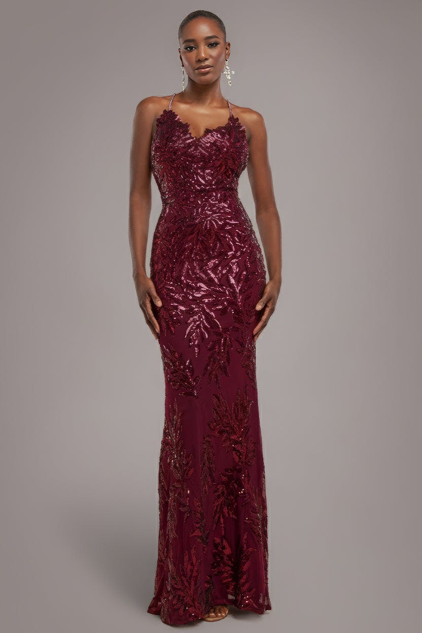 Goddiva Burgundy Cross Back Diamante Strap Sequin Maxi - By - 16