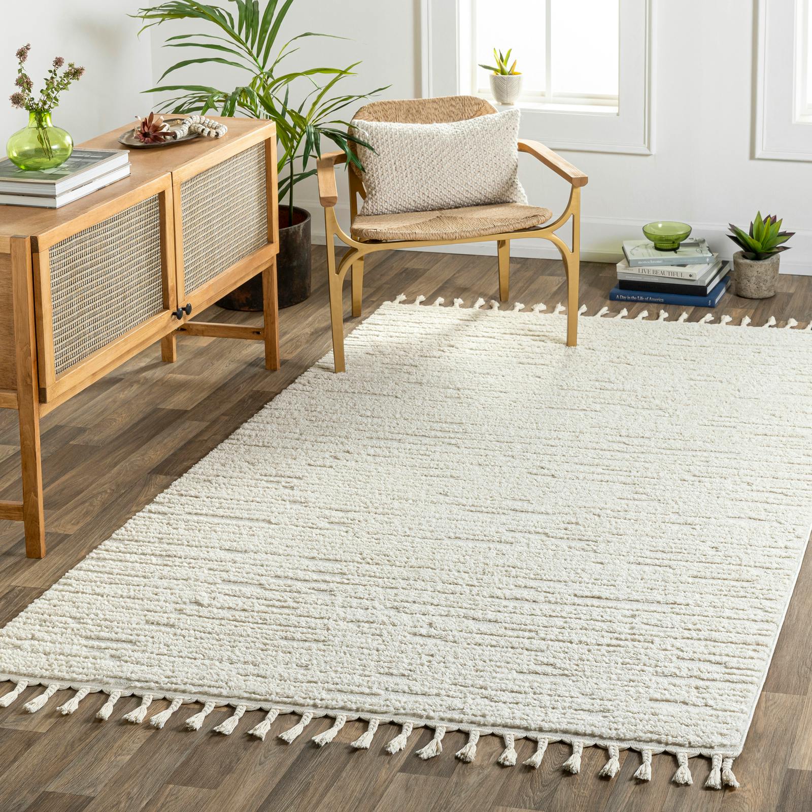 Photos - Area Rug Rackhams Nora-Global Grey Ivory High Pile Fringe Rug - 160 x 213 cm
