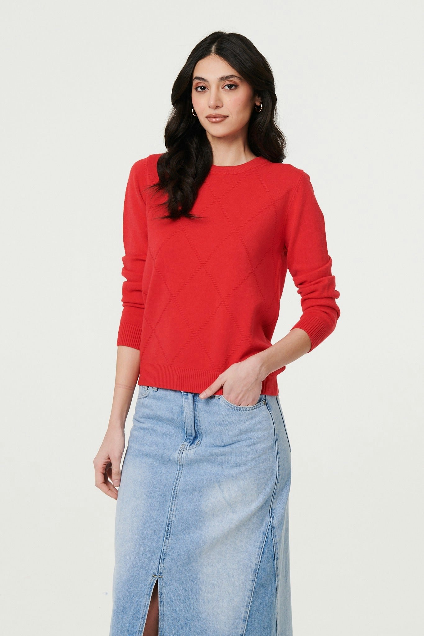 Izabel London Red Slim Fit Textu Knit Jumper - 8