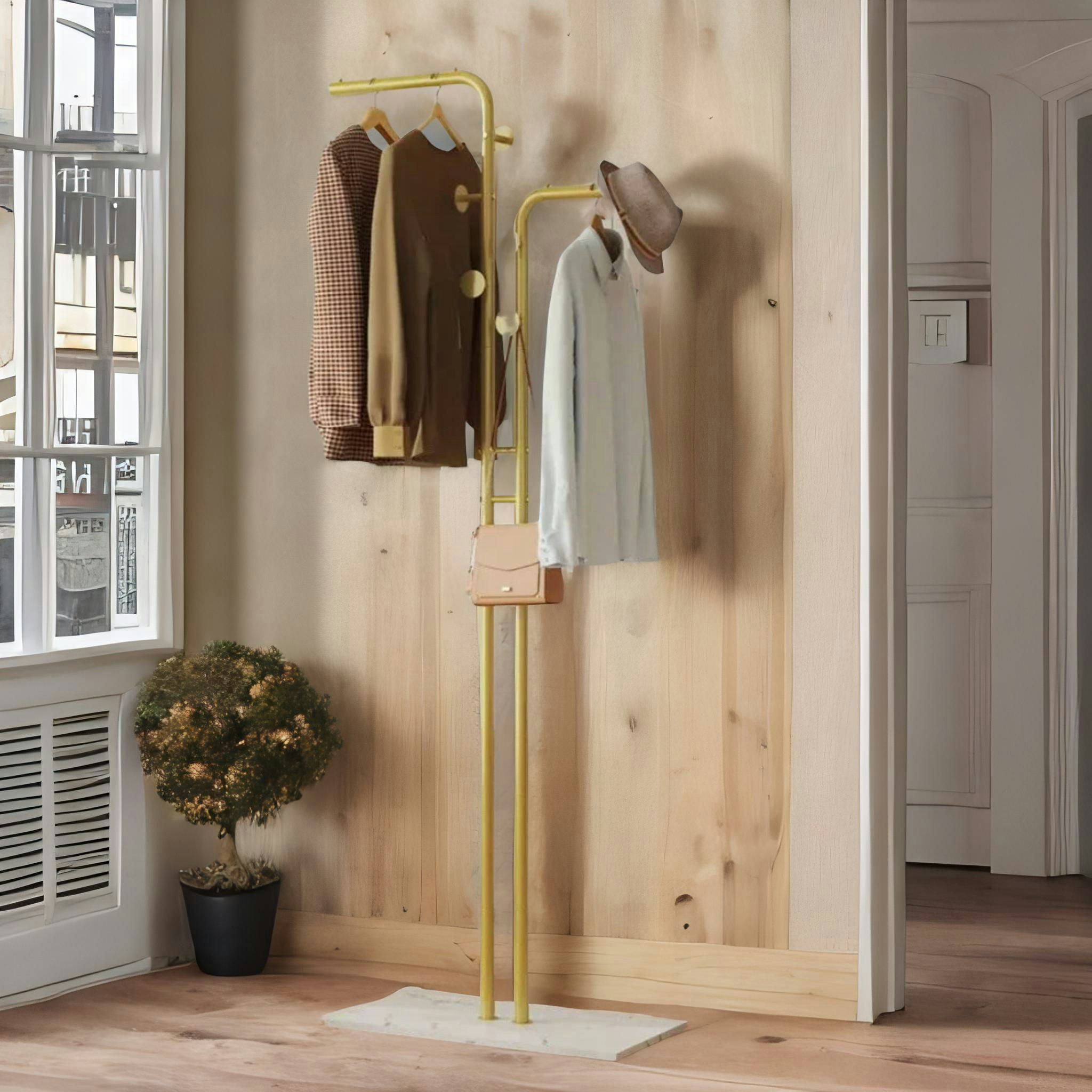 Rackhams Gold Metal Double Coat Stand With 5 Hooks And Hanging Rail