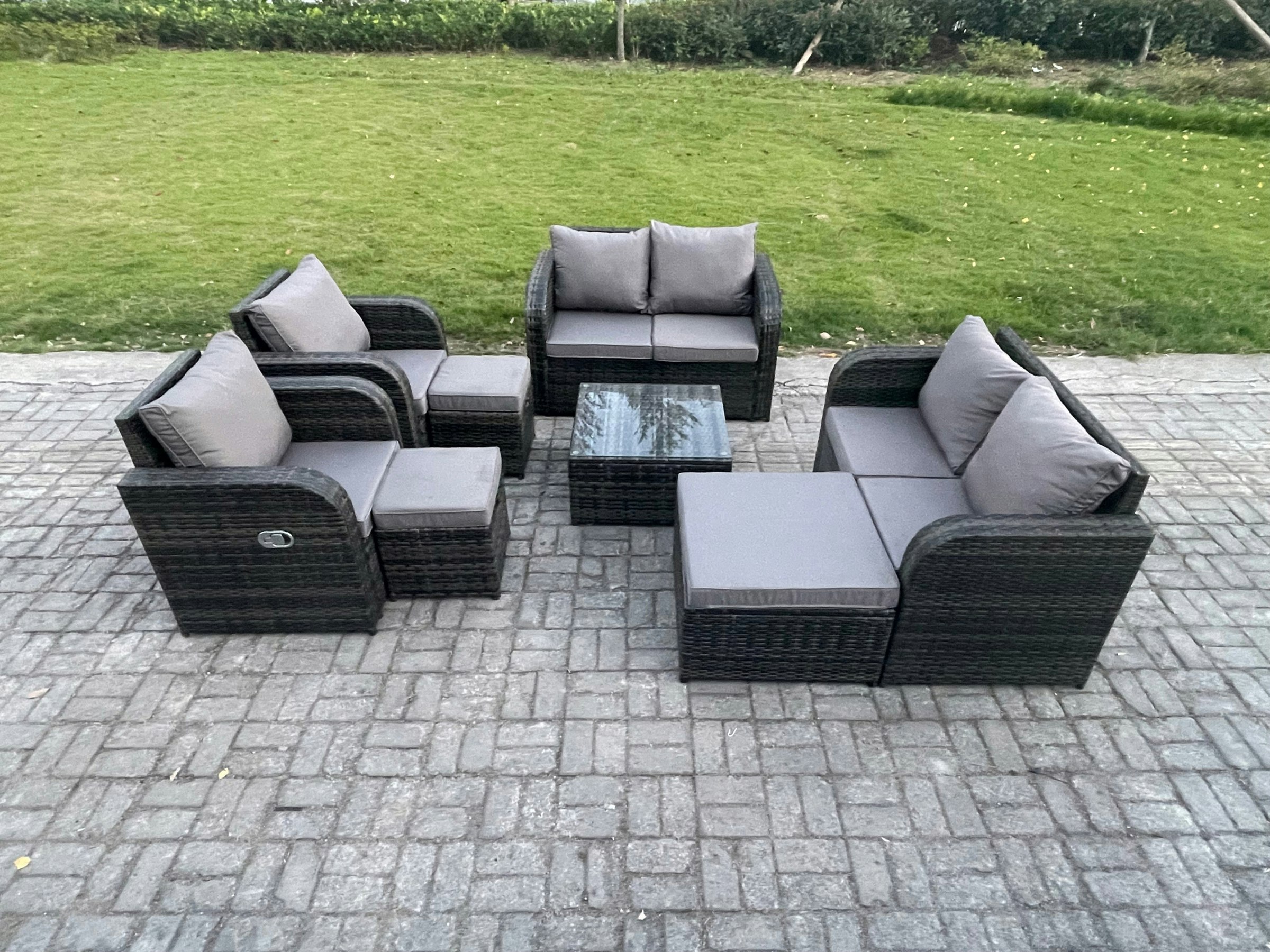 Rackhams Dark/Grey Garden Furniture Set Rattan Outdoor Lounge Sofa Chair With Tempered Glass Table 3 Footstools Mixed