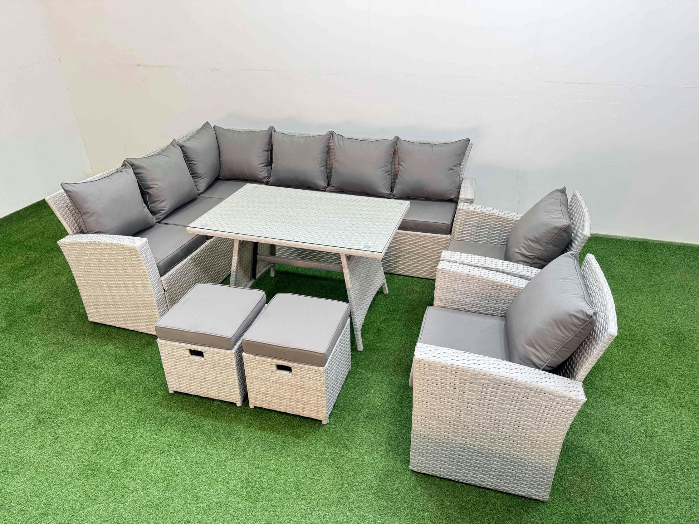 Fimous Light/Grey Garden Outdoor Rattan Furniture Set Rattan Corner Sofa Oblong Dining Table With 2 Armchairs 2 Small Footstools Mixed 10 Seater