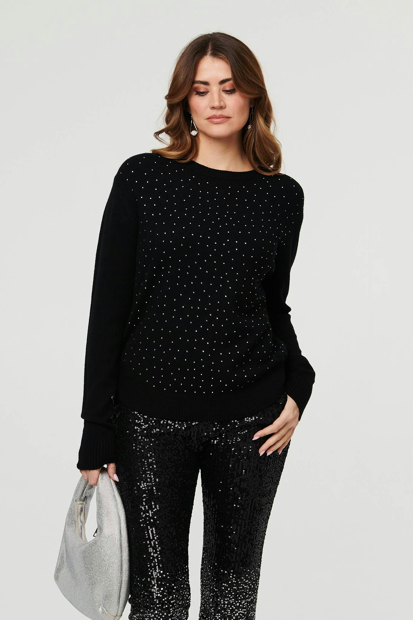 Izabel London Black Sparkle Detail Relaxed Jumper - S/M