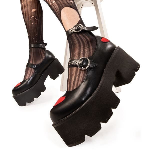 Lamoda Red Rosey Love Blackpat Chunky Mary Jane Shoes Platform Heels - Uk7