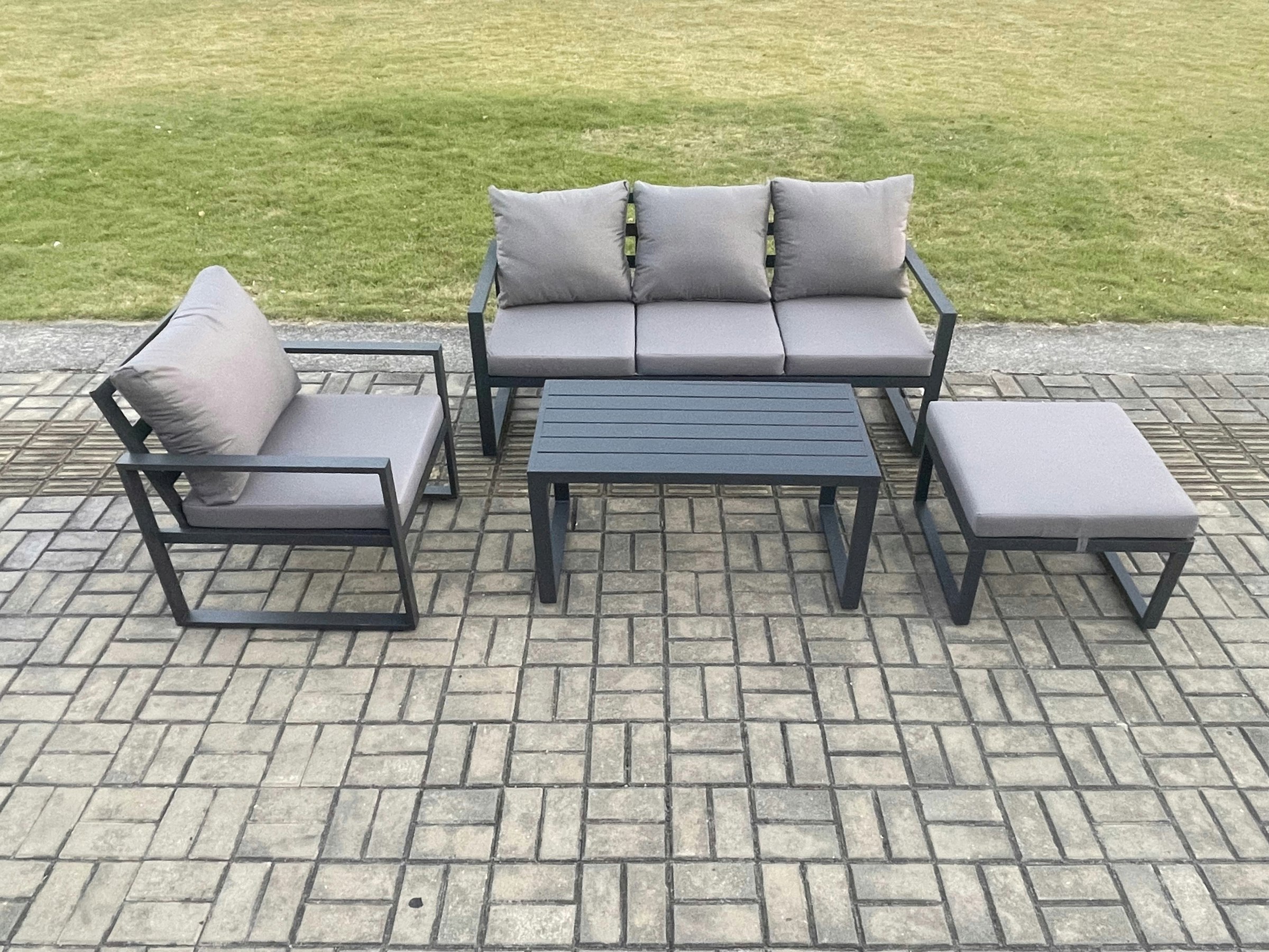 Fimous Dark/Grey Aluminium Outdoor Garden Furniture Set Patio Lounge Sofa With Oblong Coffee Table Big Footstool Armchair