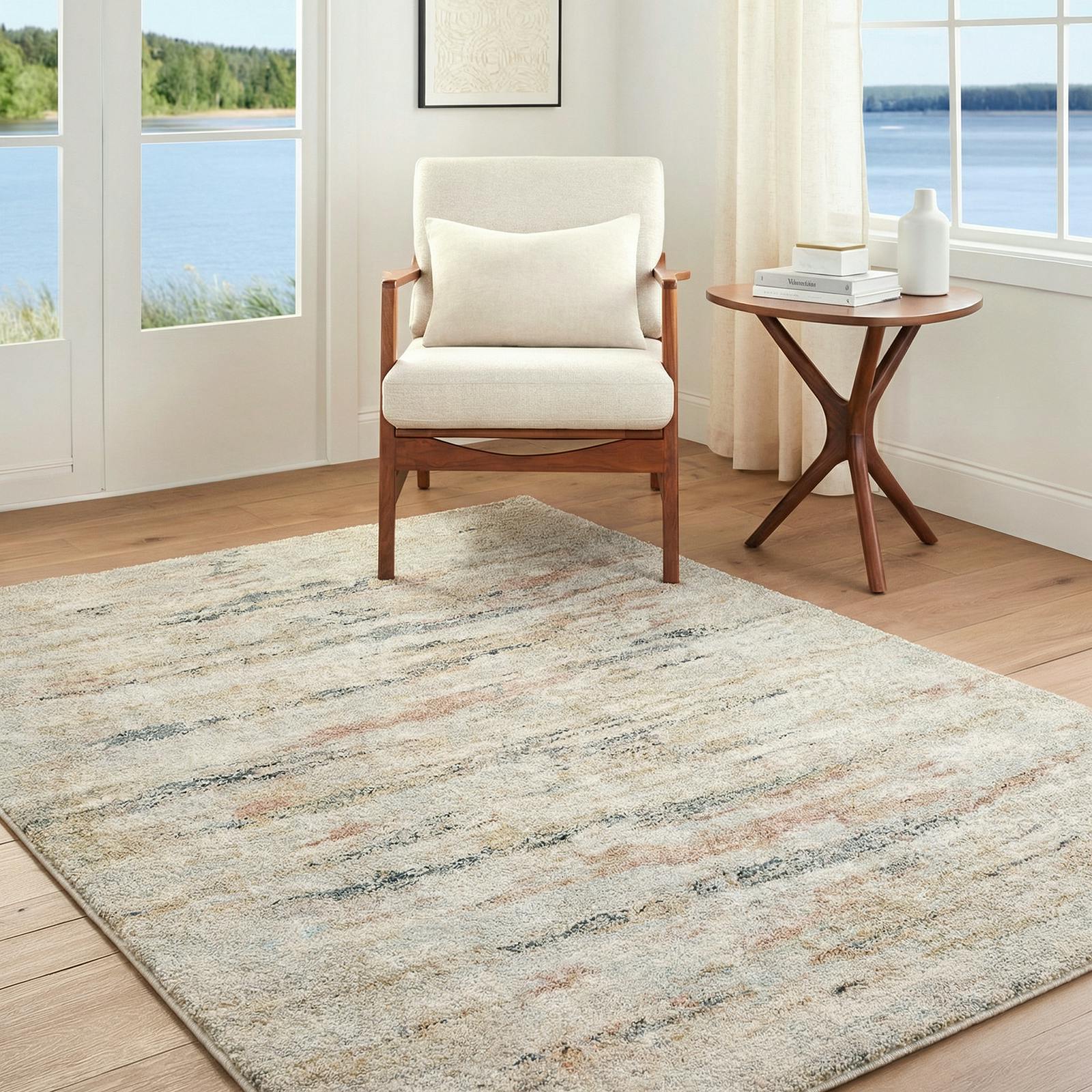 Livabliss Beige/Grey/Blue Avellino-Abstract Modern Marble High Pile Rug - 160 X 213 Cm