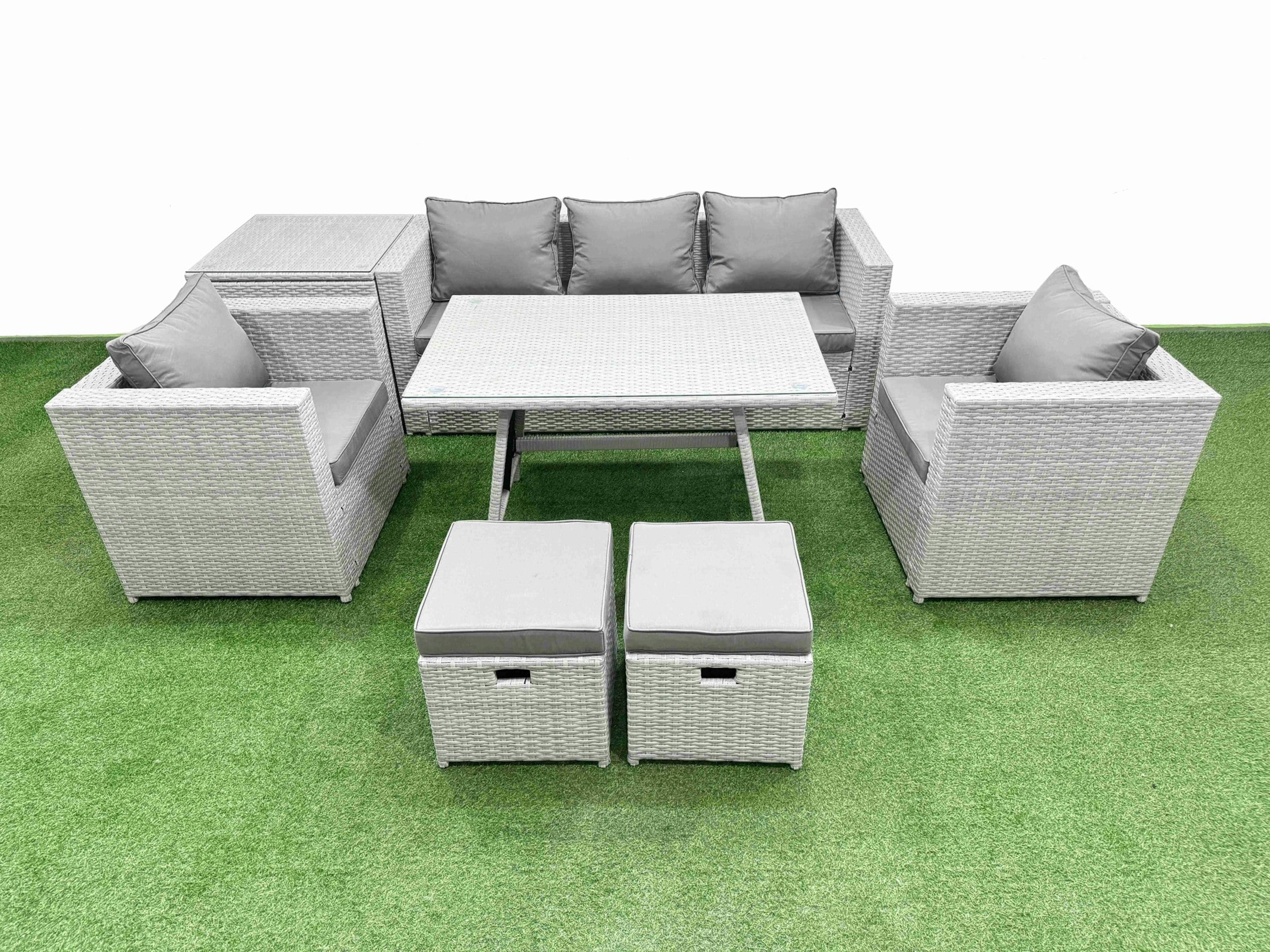 Fimous Light/Grey 8 Pieces Outdoor Pe Rattan Sofa Armchair Set Patio Garden Furniture Sets With Cushions Side Table 2 Small Stools