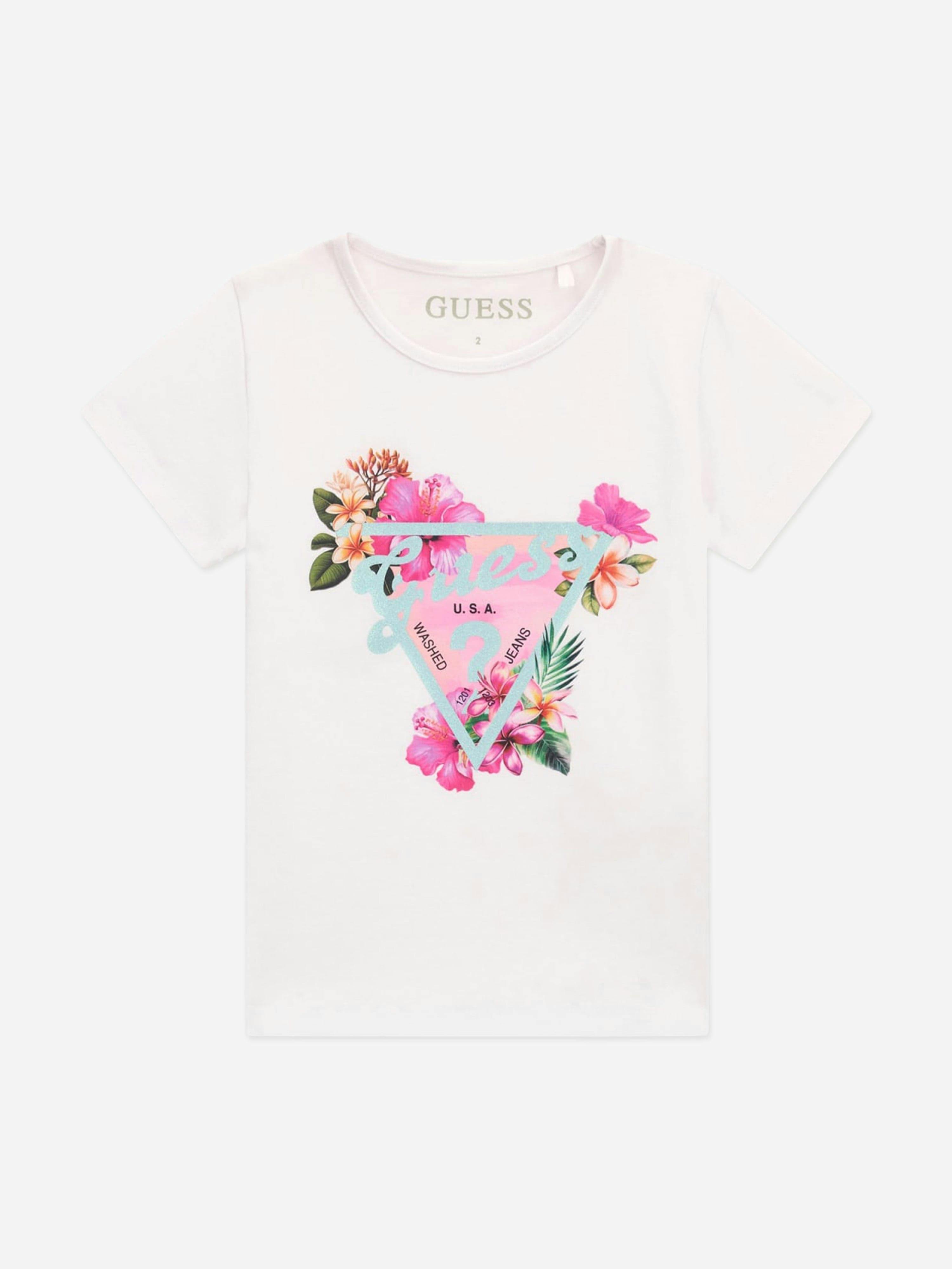 Guess Girls White Tropical Logo T-Shirt In - 12 Mths