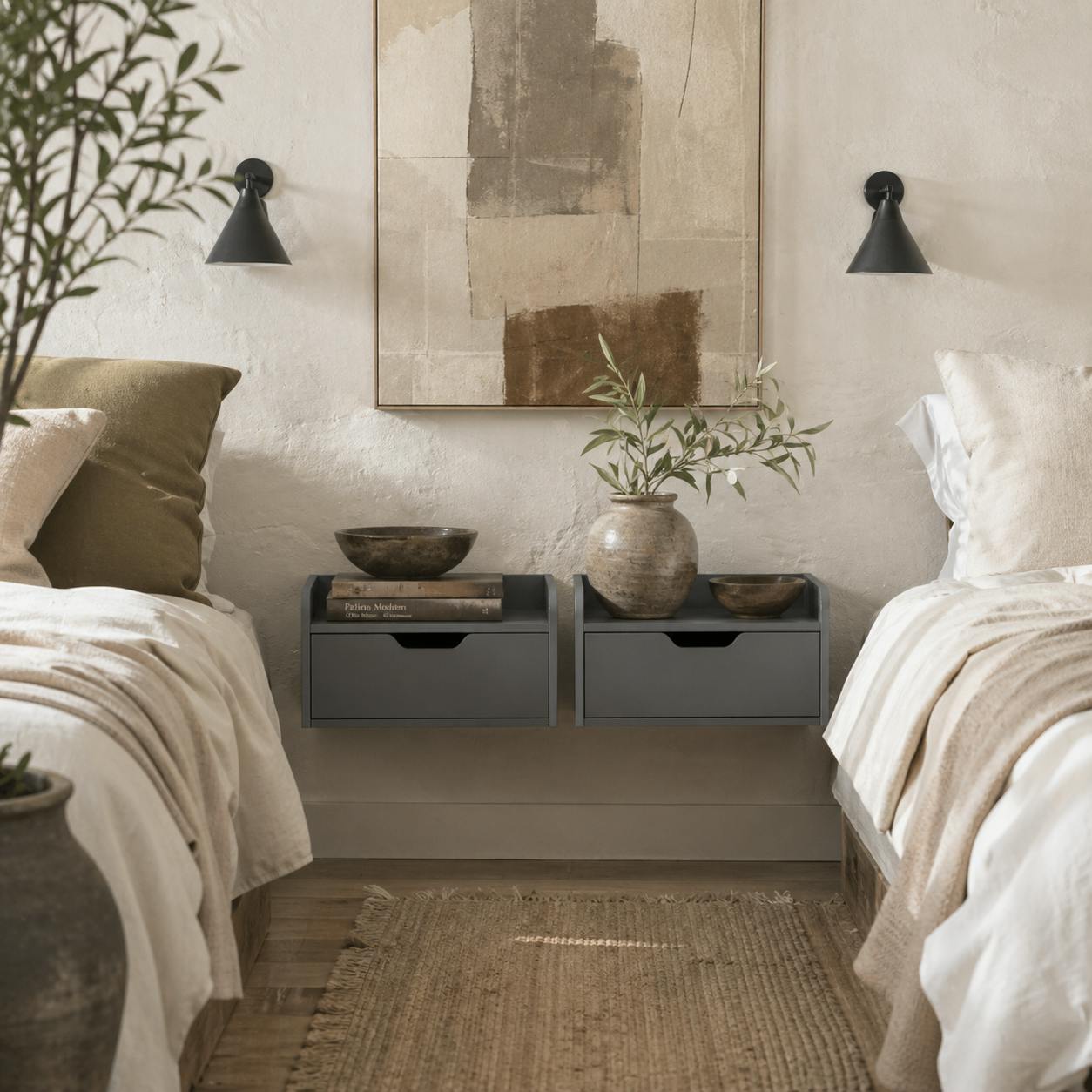 Wyld Haus Black Levaco Set Of 2 Wall Mounted Wooden Bedside Tables With Drawer Storage