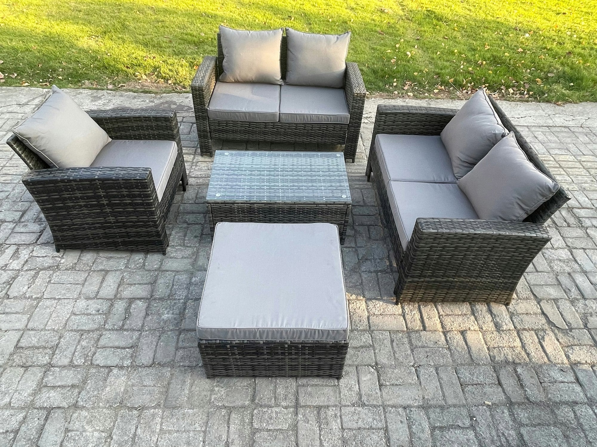 Rackhams Dark/Grey 6-Seater Wicker Rattan Outdoor Sofa Set | Rectangular Coffee Table, Double Sofa, Chair, Large Footstool