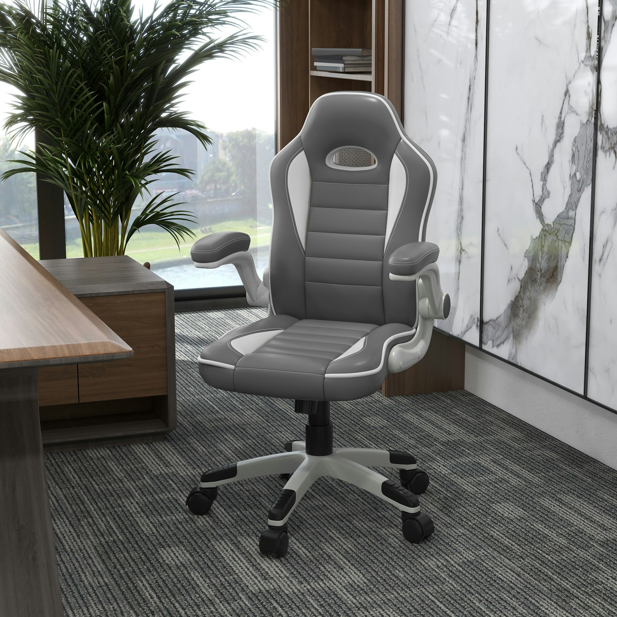 Rackhams Grey Gaming Chair Pu Leather Office Chair Swivel Chair - 65Cm X 69Cm X 122Cm