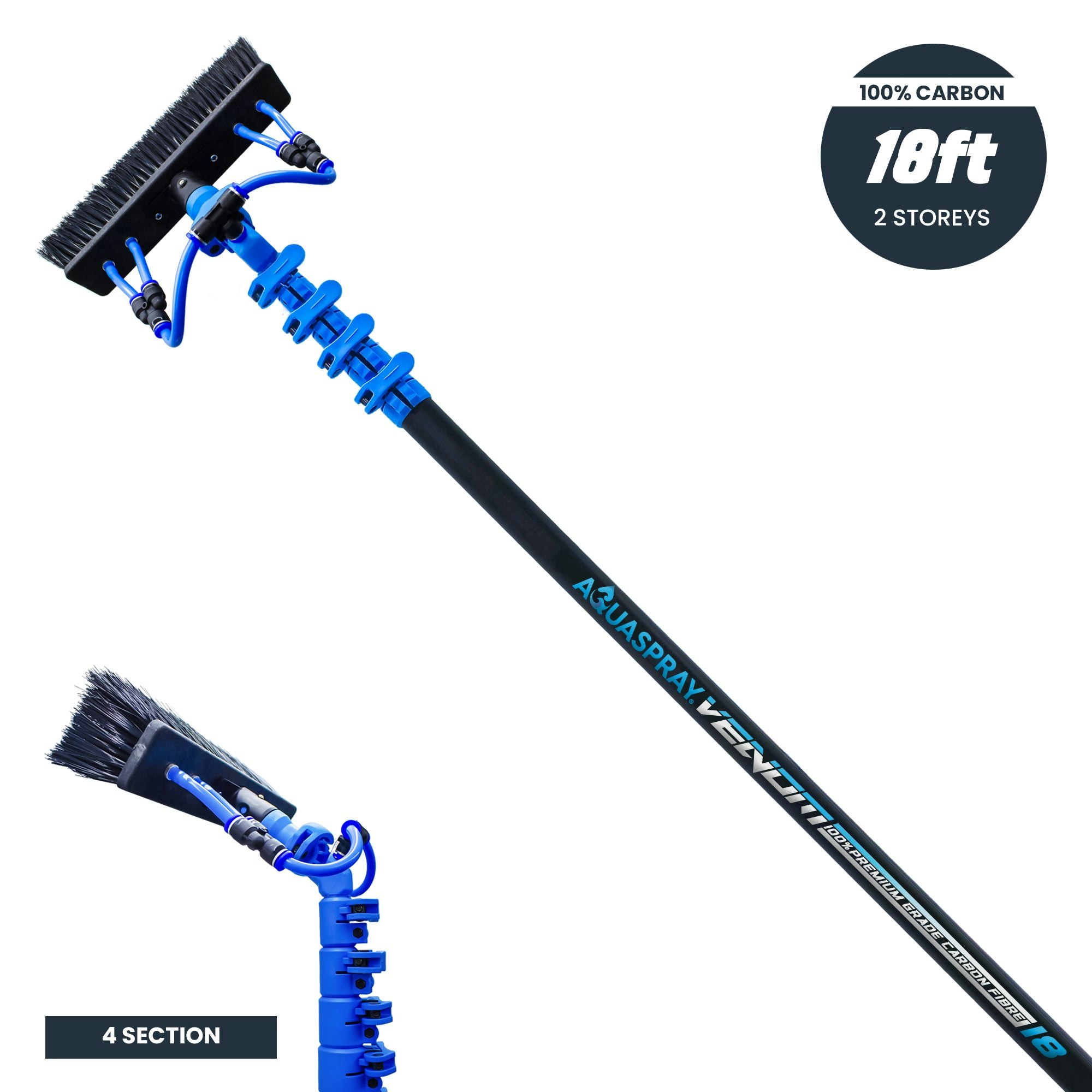 Rackhams ® Venom 18Ft 100% Carbon Fibre Waterfed Window Cleaning Pole 4-Section