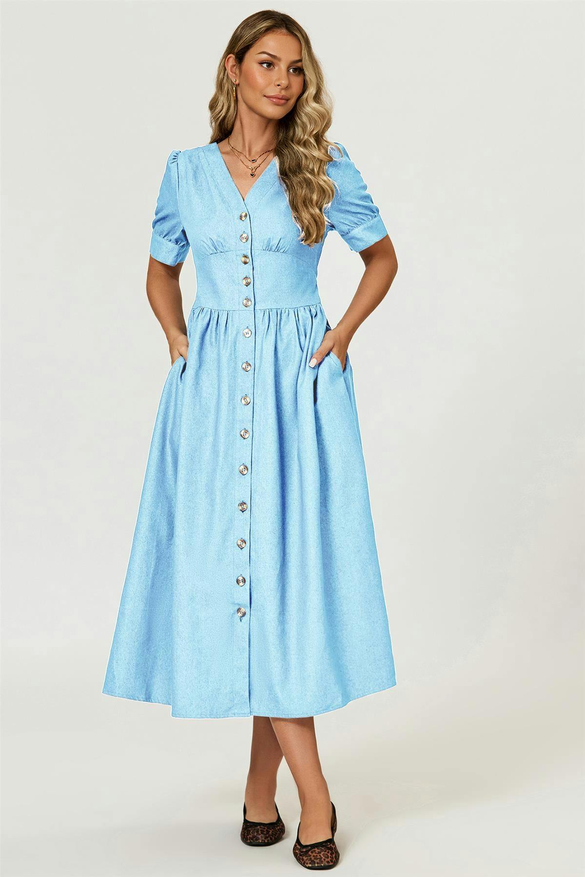 Fs Collection Light/Blue Puff Sleeve Button Down Denim Midi Dress In - S