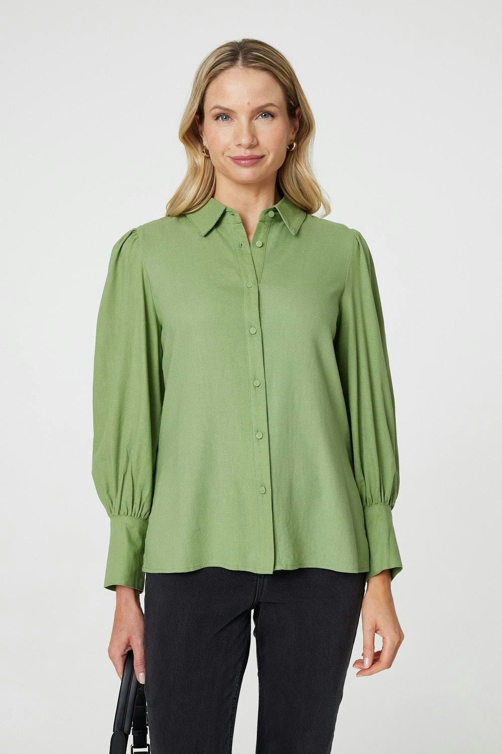 Izabel London Plain Puff Sleeve Button-Up Shirt - Sage - 12