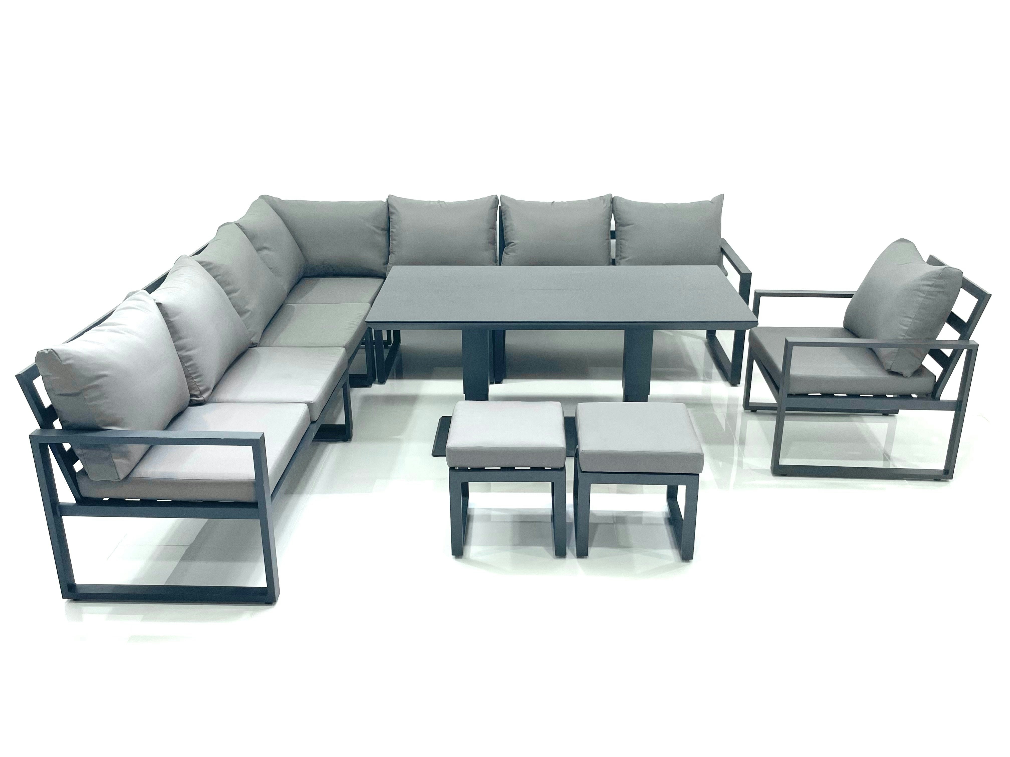 Rackhams Dark/Grey 10 Seater Outdoor Aluminium Garden Furniture Set Corner Sofa Chair 2 Small Footstool Adjustable Rising Lifting Dining Table Sets