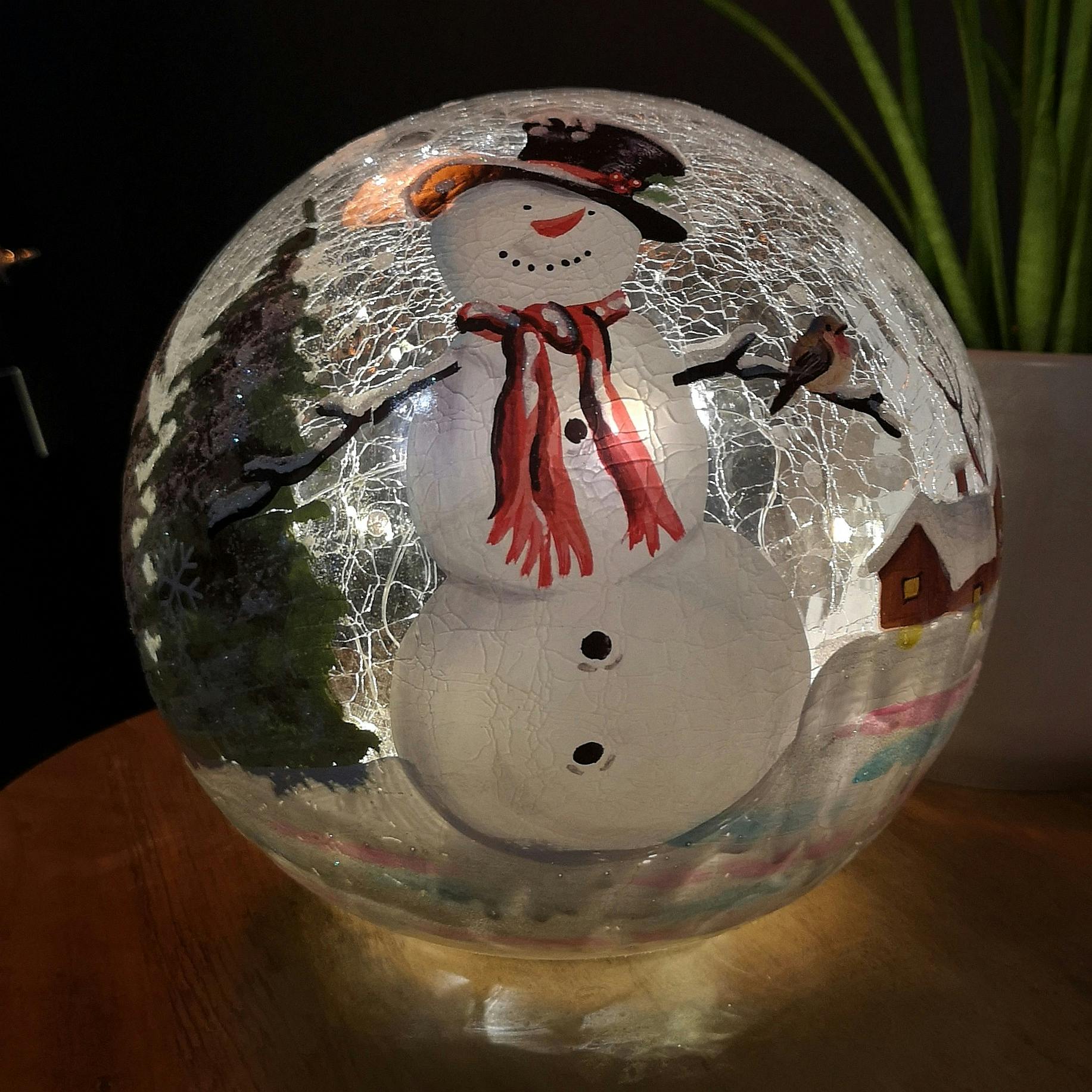 Rackhams White 20Cm Battery Operated Warm Led Crackle Effect Ball Christmas Decoration With Snowman