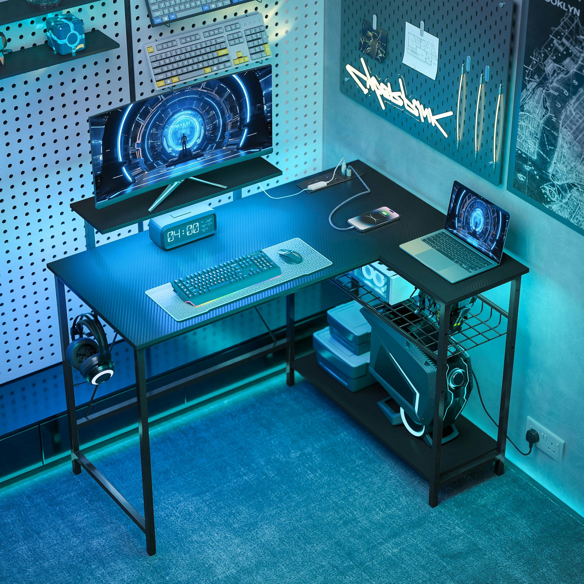 Homcom Black 114.5 Cm L-Shaped Gaming Desk, Computer Desk With Led Lights, Power Station And Adjustable Mesh Shelf - Image 3