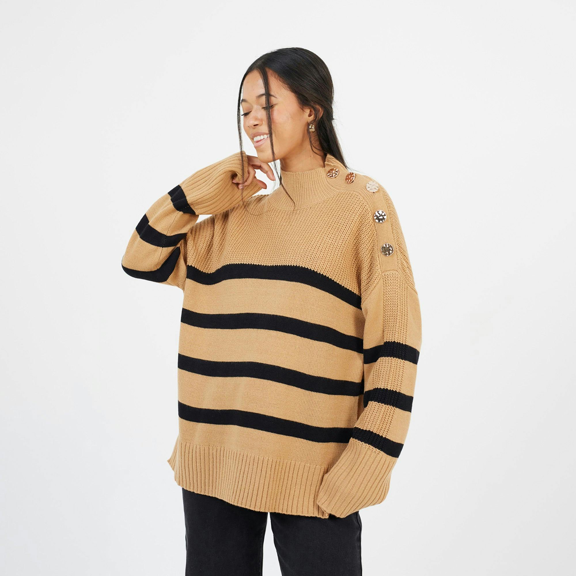 Brave Soul Button Detail Striped Turtleneck Jumper - Camel - Camel - Xs