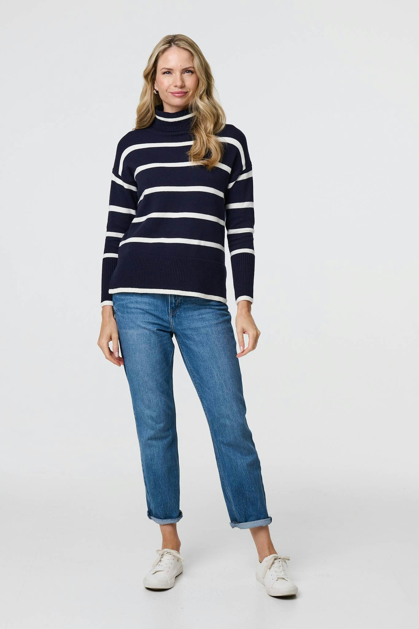 Izabel London Striped Roll Neck Relaxed Jumper - Navy - 14