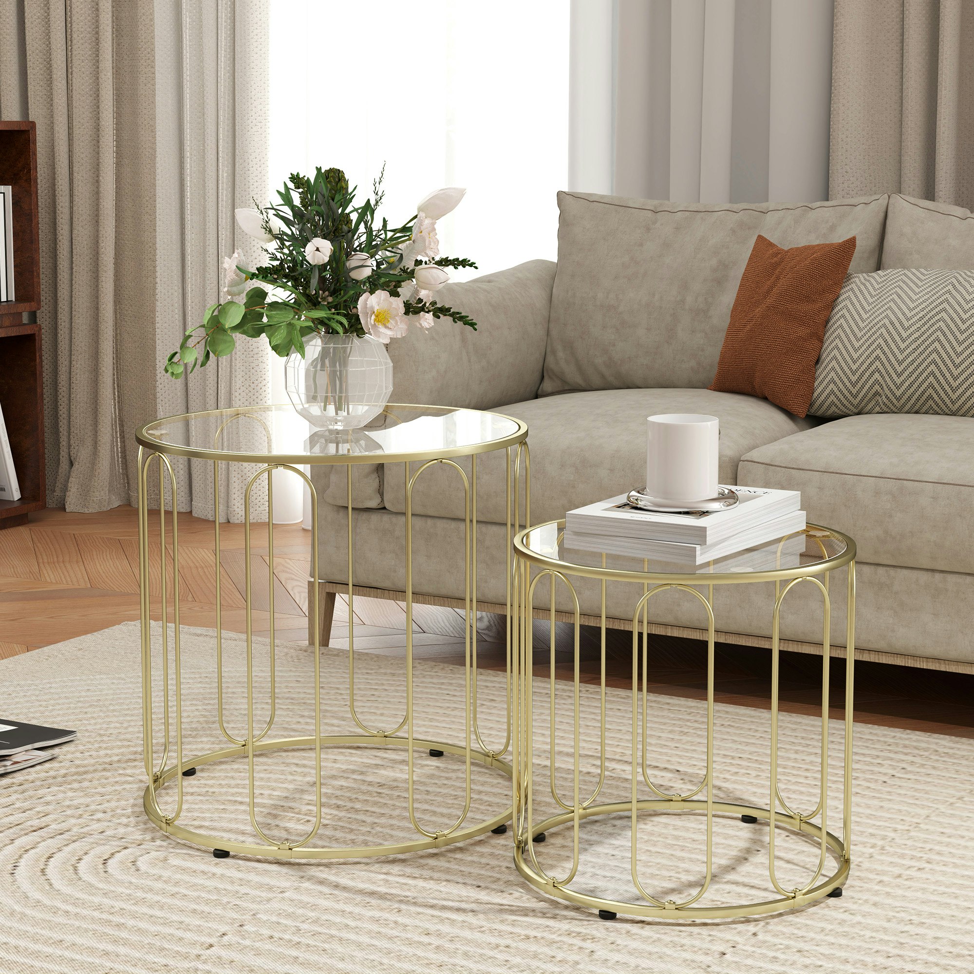 Homcom Gold Coffee Table Set Of 2, Nest Of Tables With Metal Frame, Tone - Tone
