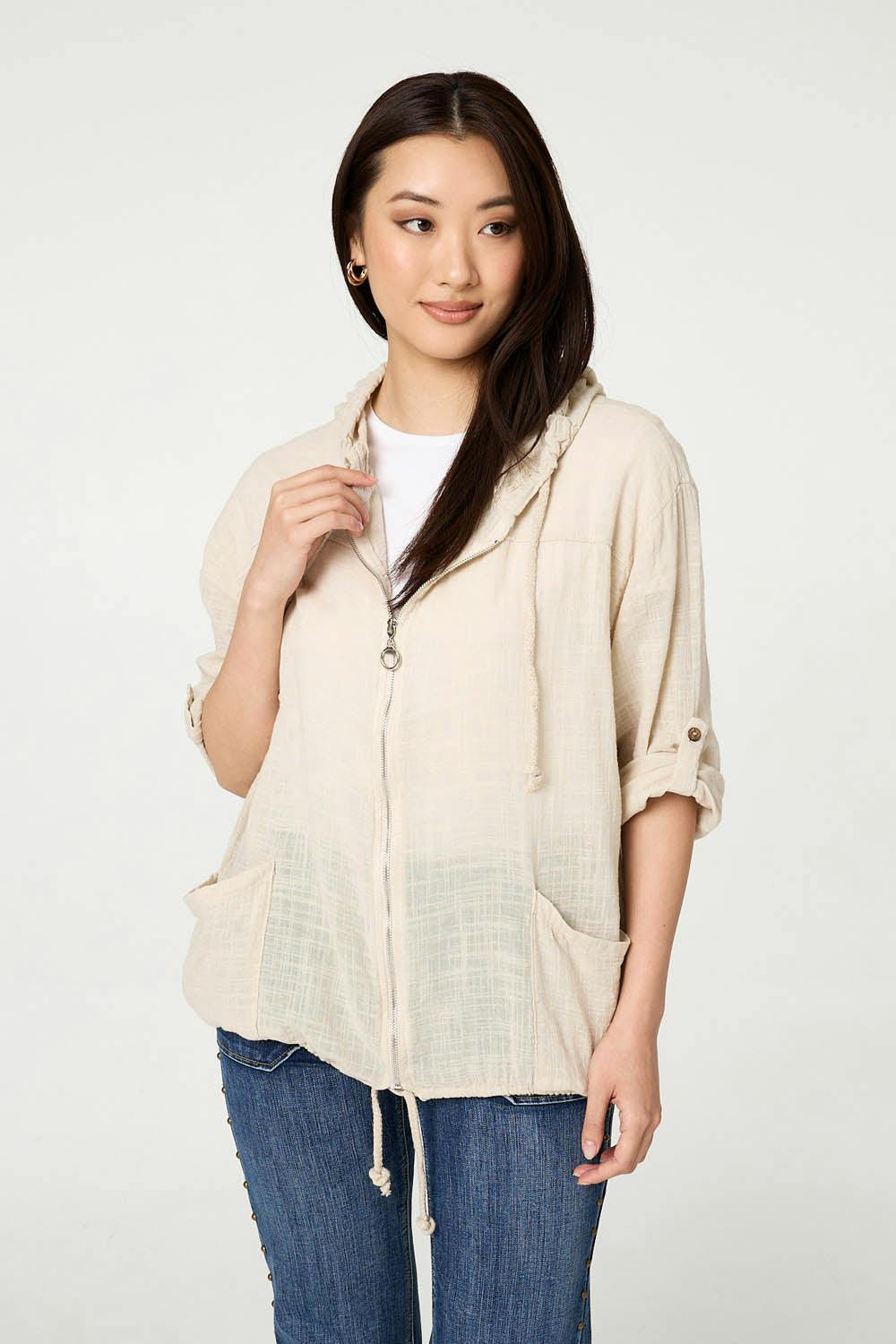 Izabel London 3/4 Sleeve Hooded Zip Front Jacket - 8/10 - Linen