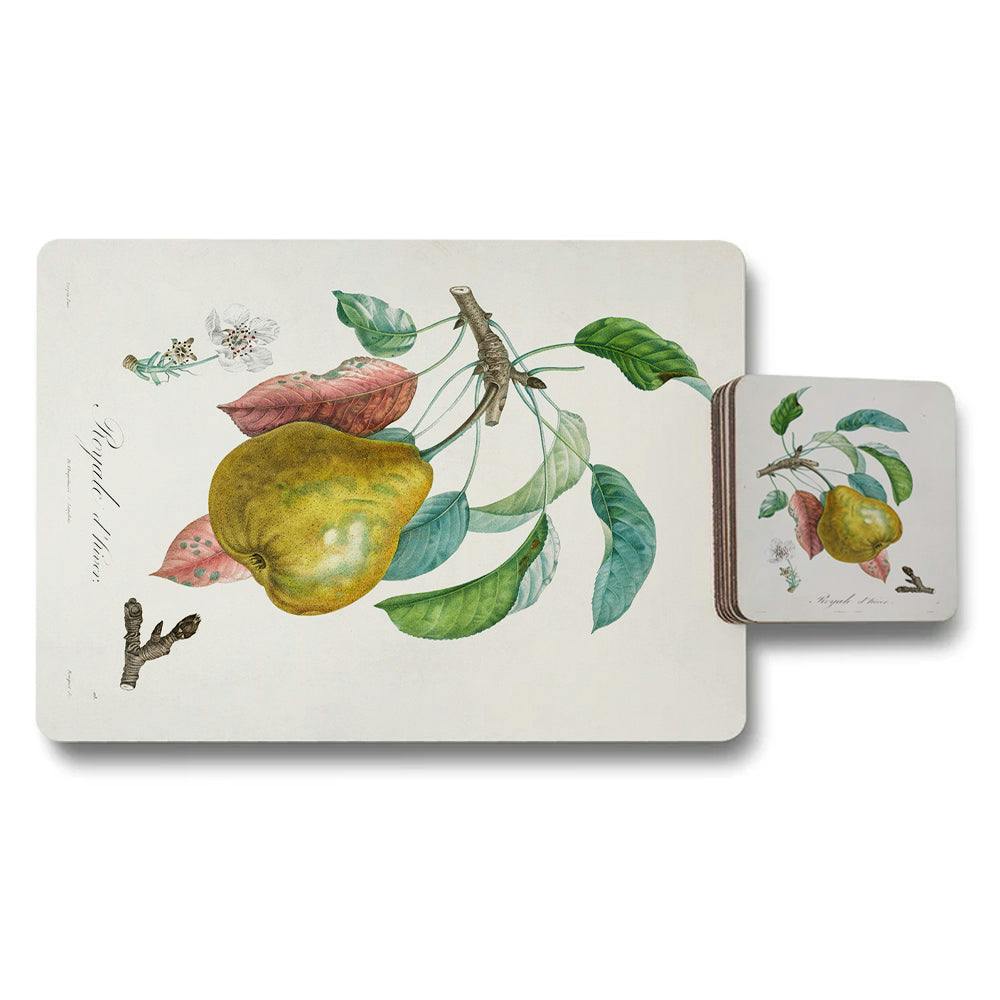 Benjamin Tate Design Botanical Fruit Placemat Coaster Set With Designer Artwork Wood Base Limited Edition