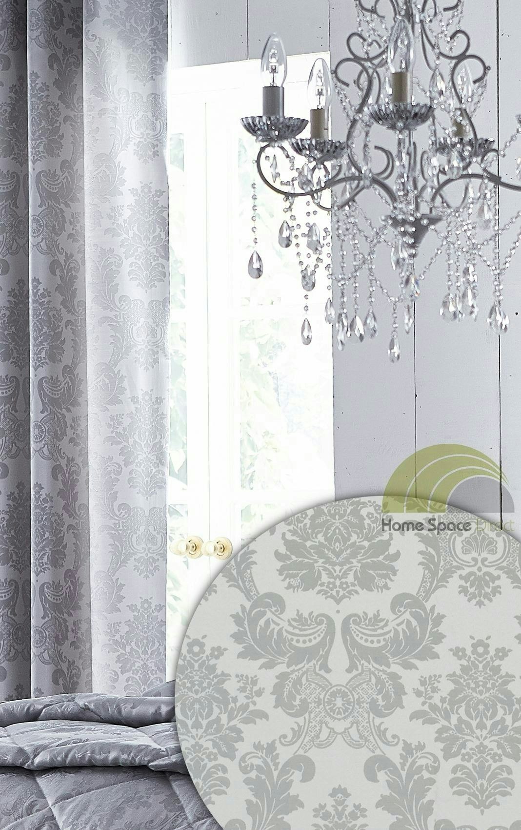 Catherine Lansfield Grey Damask Jacquard Fully Lined Eyelet Curtains - 66X72" - Curtains 168Cm