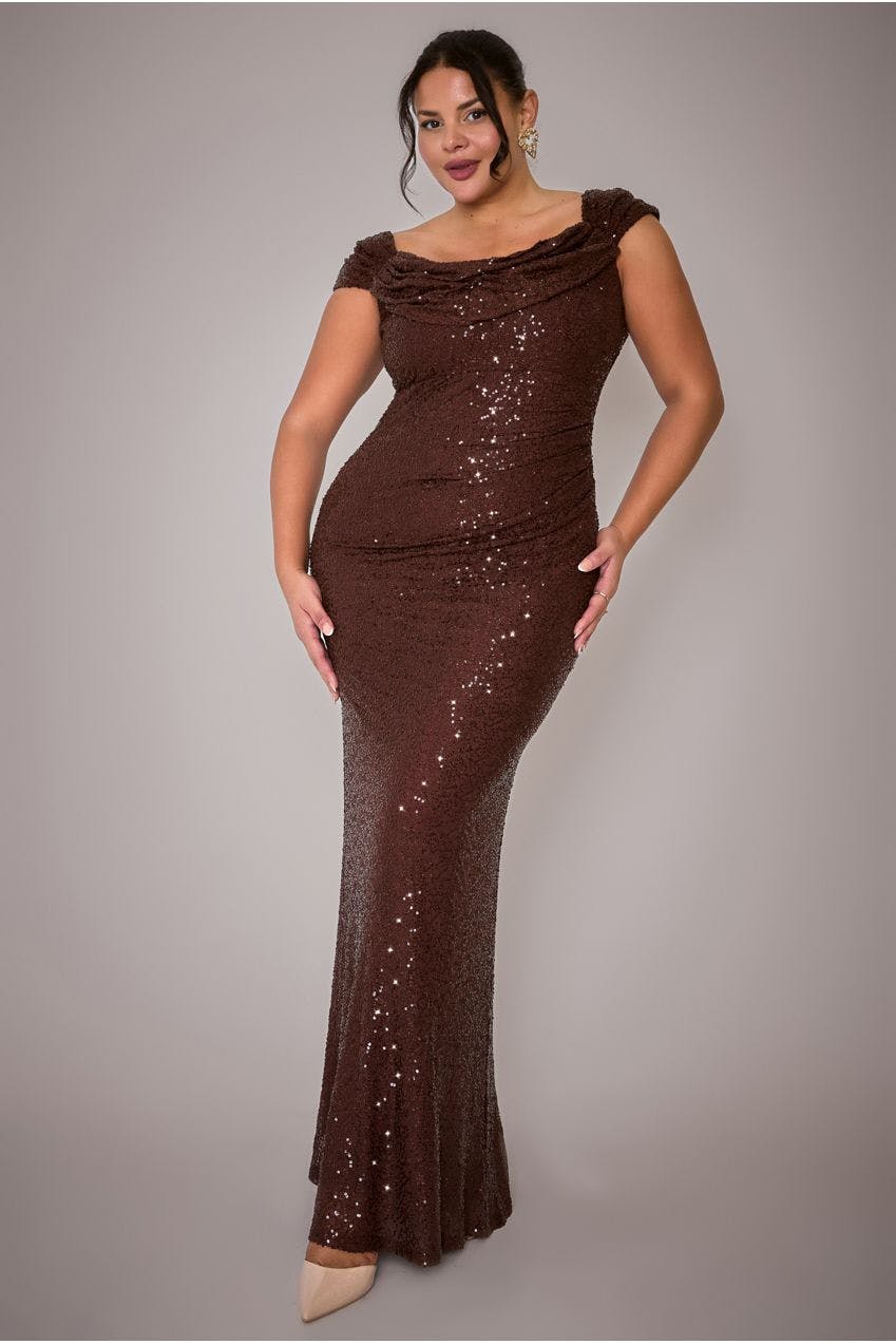 Goddiva Plus Brown Cap Sleeve Iridescent Sequin Cowl Maxi Dress - By - 20