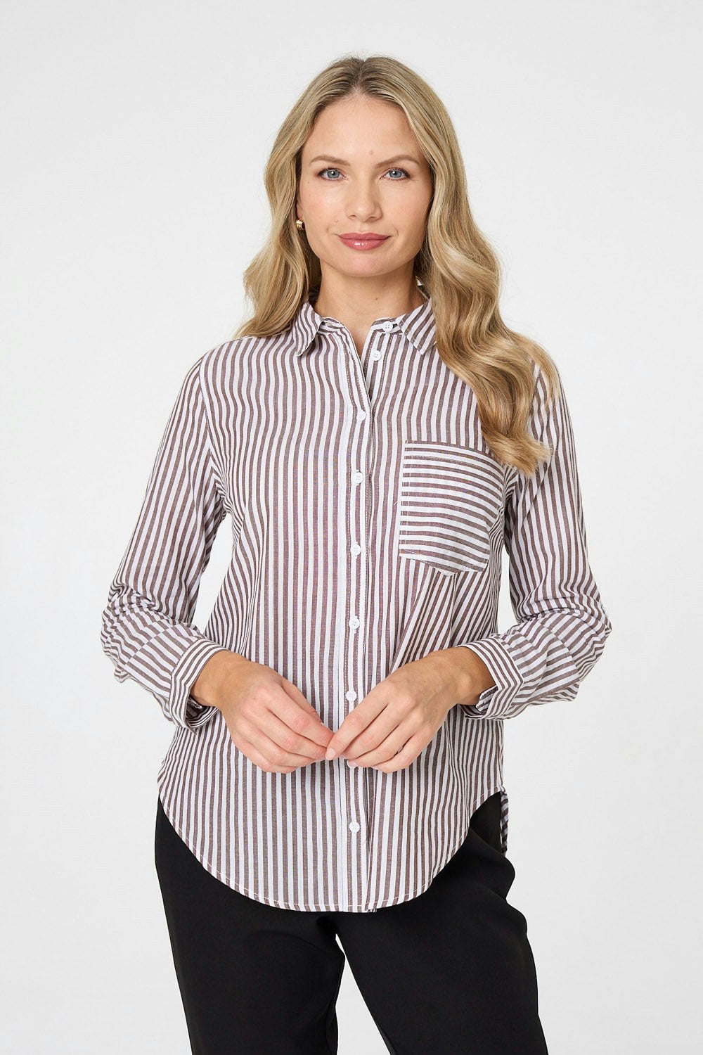 Izabel London Women's Brown Striped Long Sleeve Shirt - 14