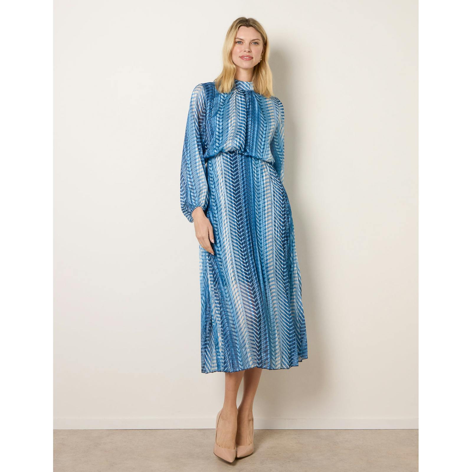 Blue Vanilla Zig Zag Metallic High Neck Puffball Pleated Dress - L - Navy